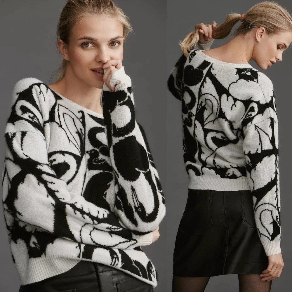 NWT MAEVE Cecilia Pettersson 100% Cashmere Swan Graphic Sweater Size S $198