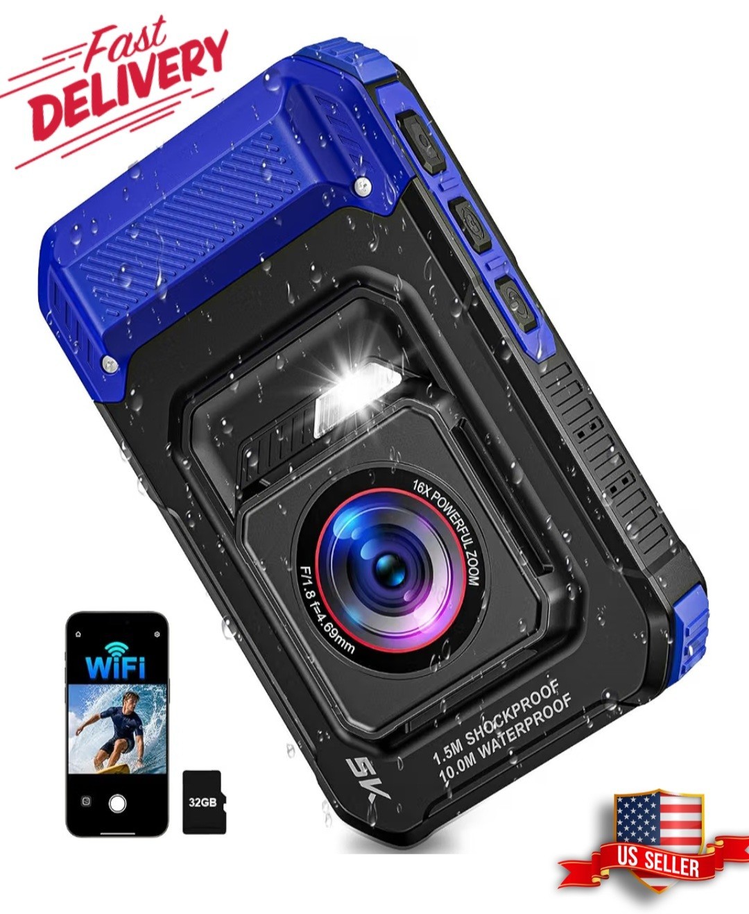 5K 33FT Underwater Camera 96MP Waterproof Digital Camera, Ultra-Compact, Blue