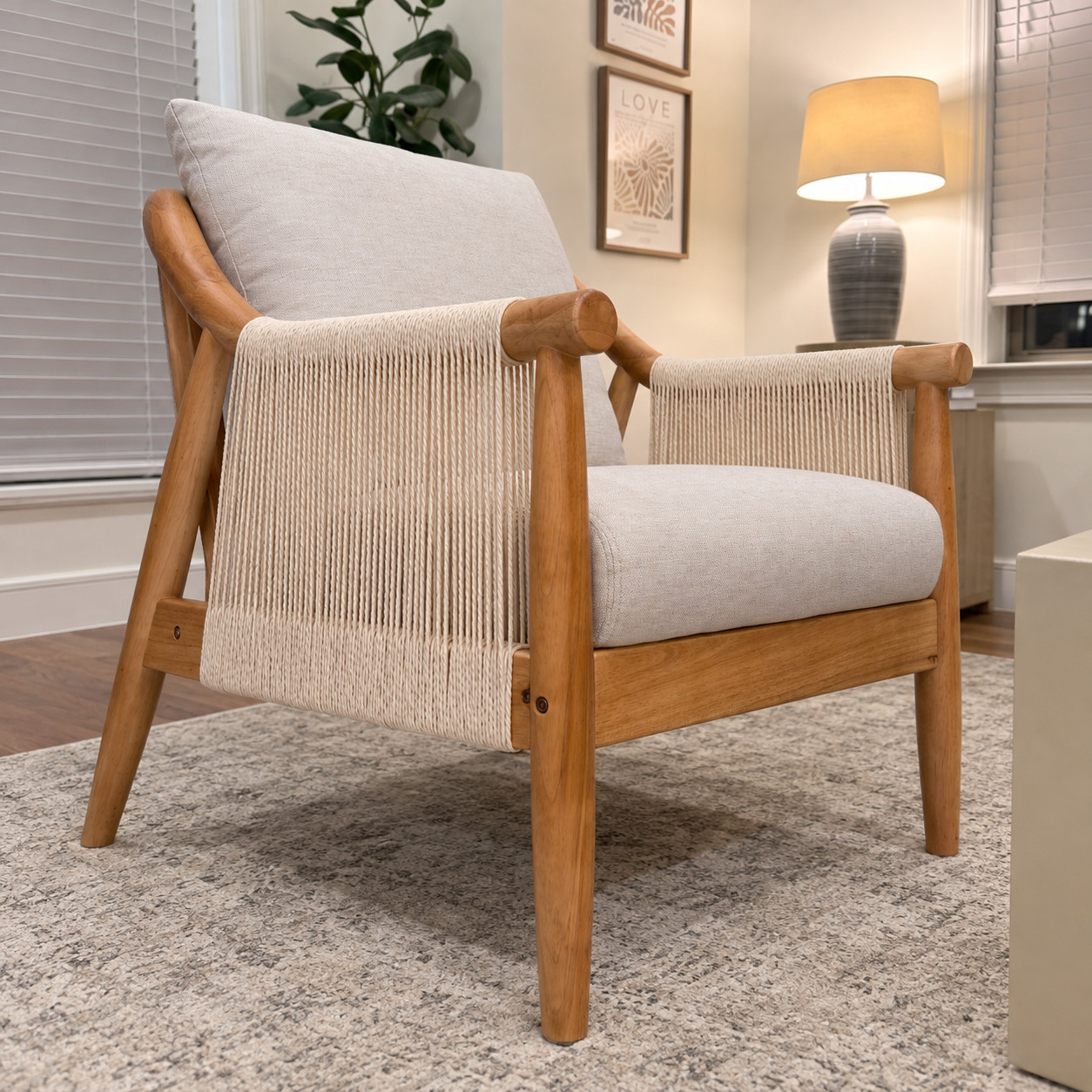 Scandinavian Modern Accent Chair Solid Wood Frame Woven Rope Arms Beige Cushions