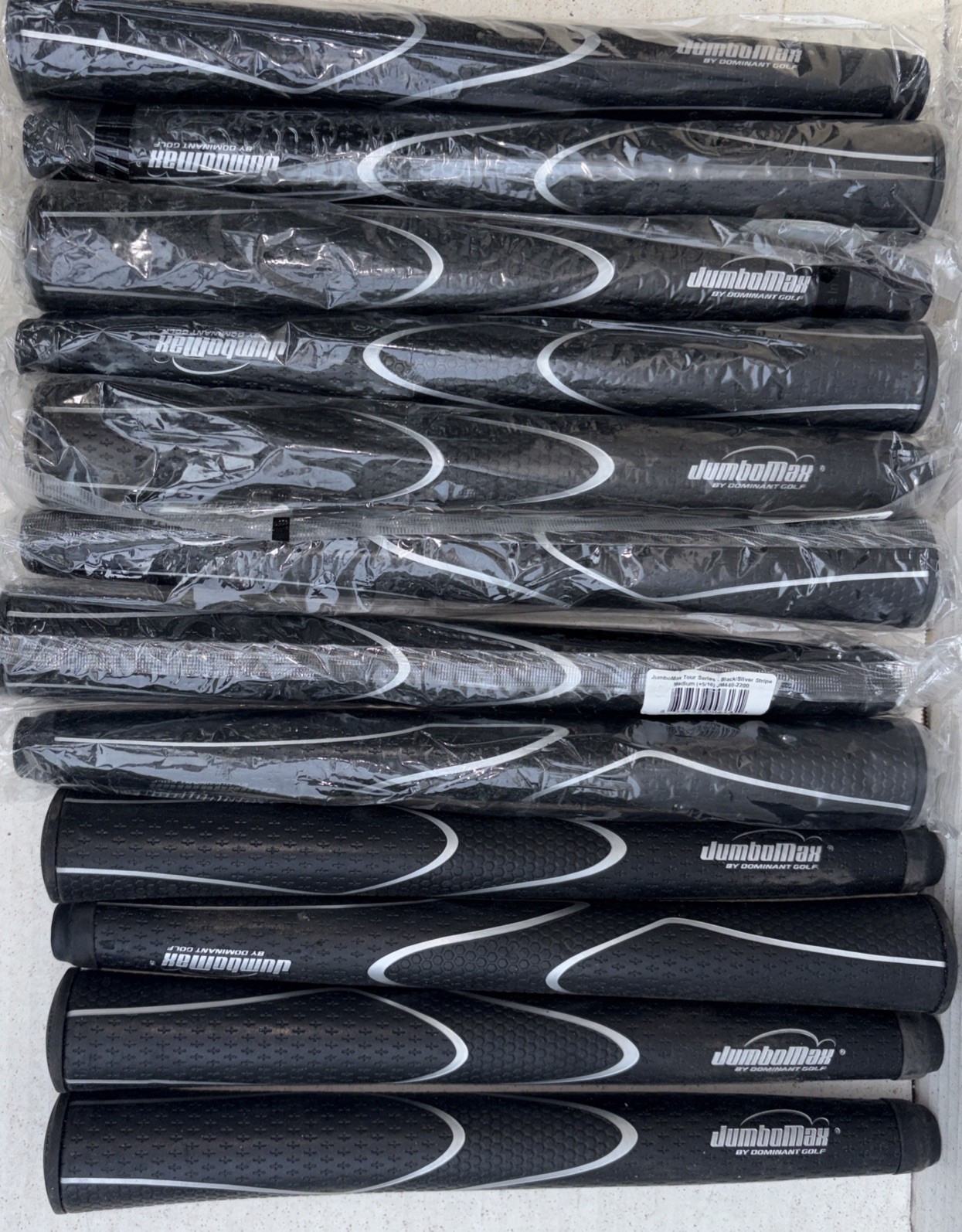 JumboMax Tour Series Golf Grips-Black/Silver Medium (+5/16)-Set Of 12-JM440-2200