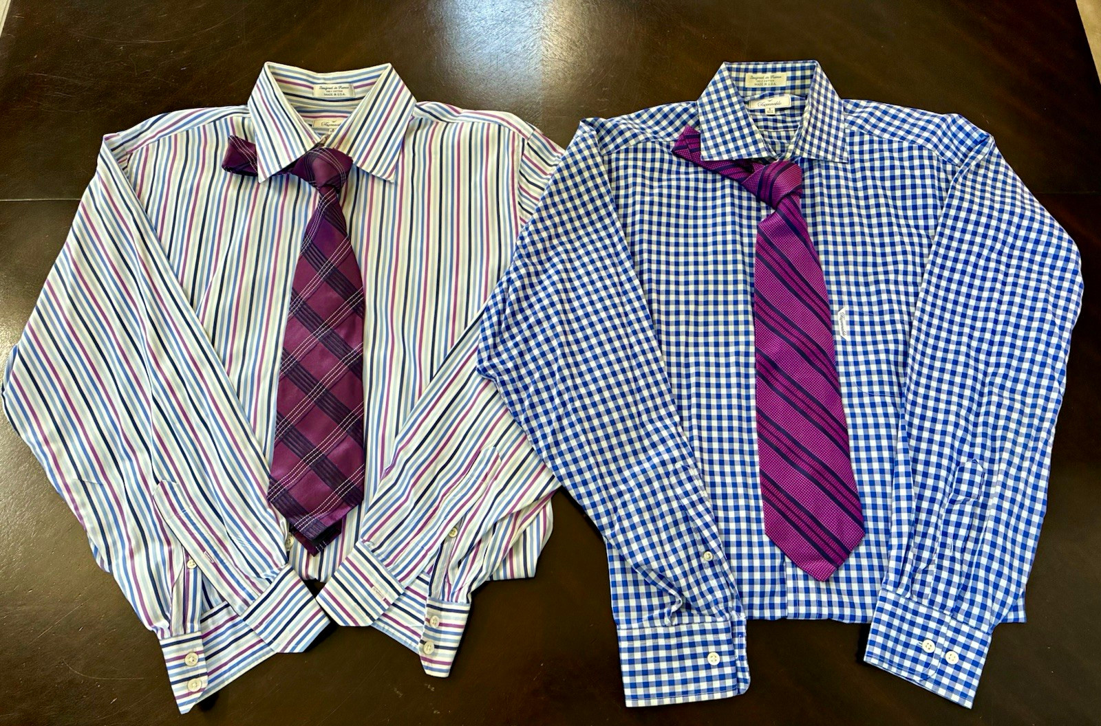 Faconnable Men\'s 4 Pc. Dress Shirt and Silk Tie Lot 16.5L 17L Gingham Striped