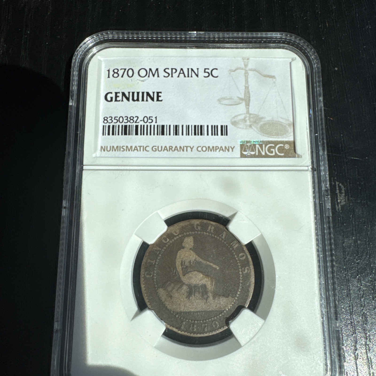 1870 OM SPAIN 5 Pesetas Coin Provisional Government NGC Genuine -051