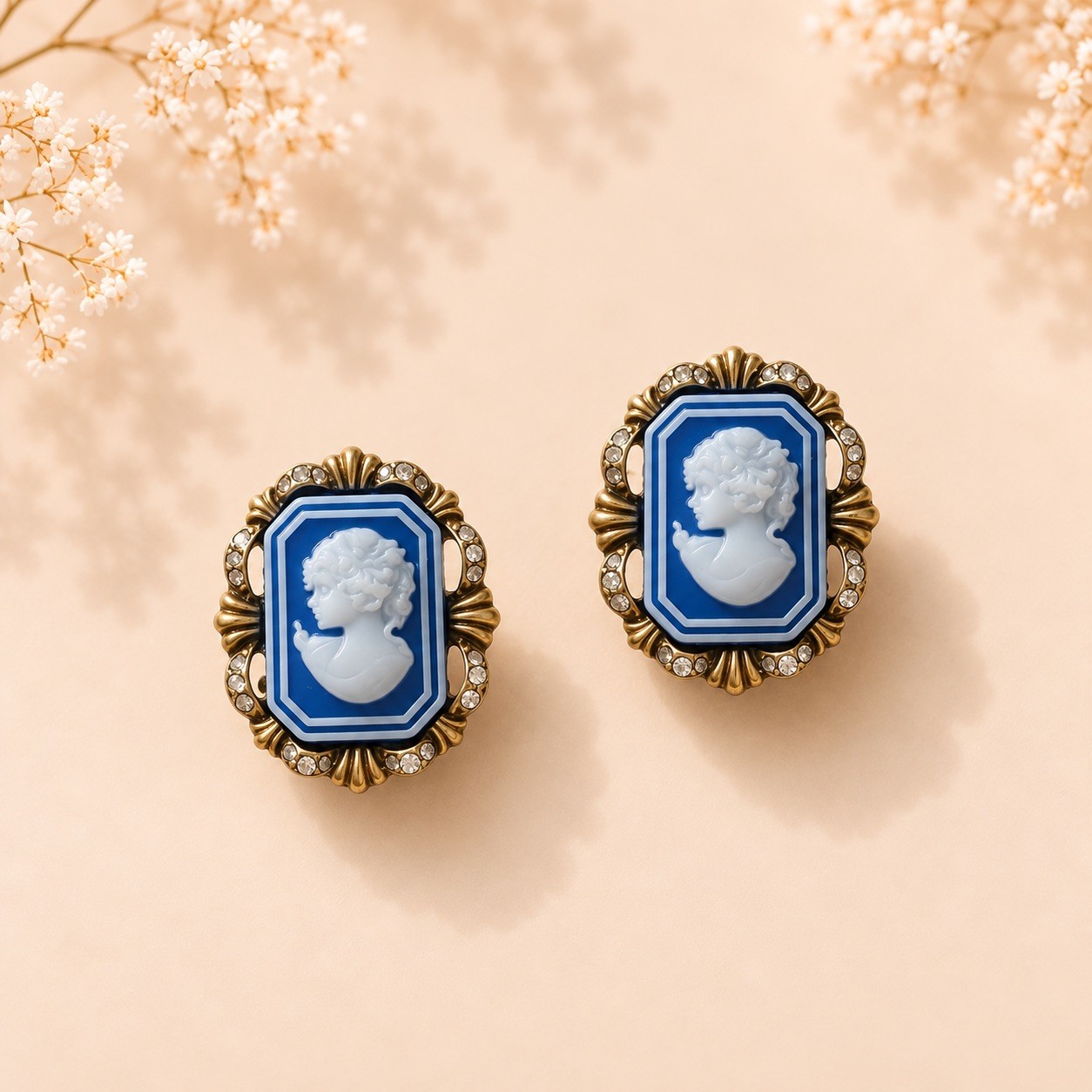 Blue Cameo Stud Earrings, Victorian Portrait Earrings, Crystal Earrings Blue Cameo Stud Earrings, Victorian Portrait Earrings, Crystal Earrings
