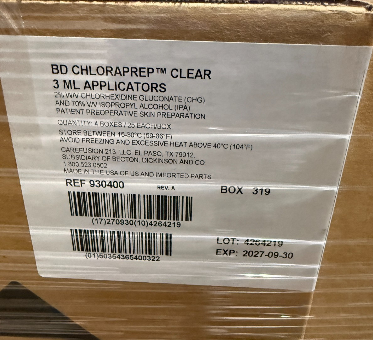 4x Box of 25 BD 930400 Chloraprep Clear 3ml Applicators, EXP 2027 4x Box of 25 BD 930400 Chloraprep Clear 3ml Applicators, EXP 2027