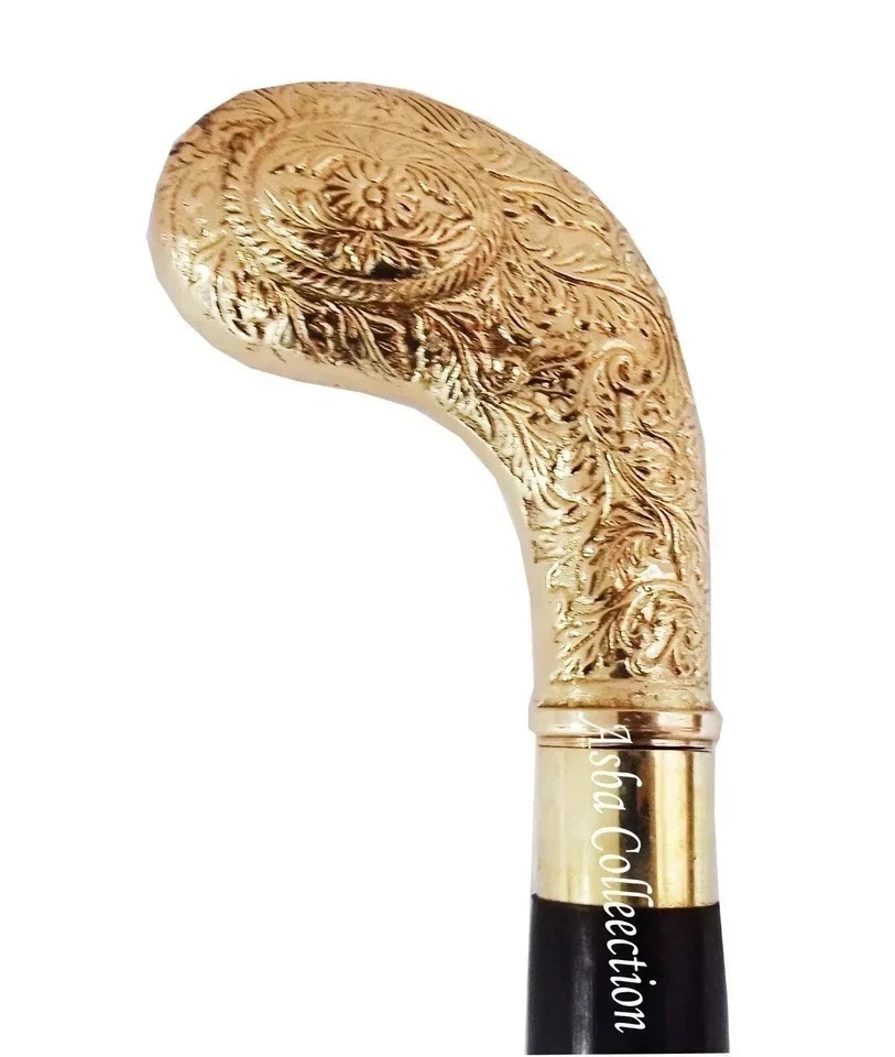 Victorian Style Walking Cane Brass Stick Handle Wooden Vintage Designer Antique