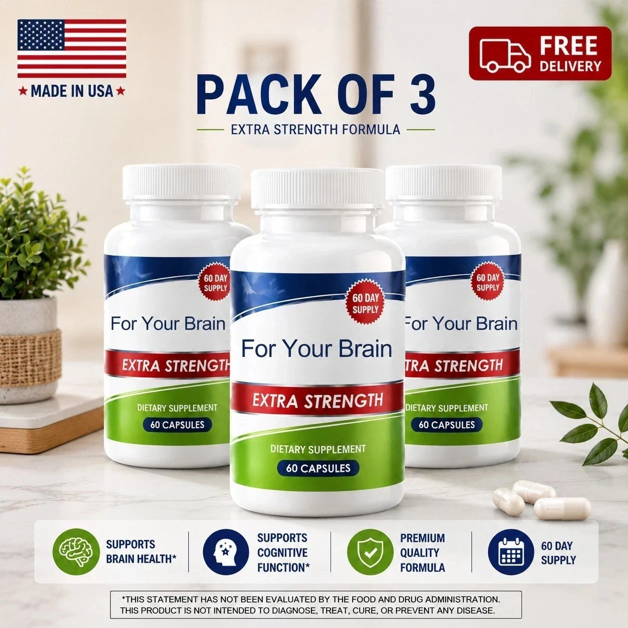 Brain Health Supplement Pack of 3 | extra Strength 60 Capsules Per Bottle.. Brain Health Supplement Pack of 3 | extra Strength 60 Capsules Per Bottle..