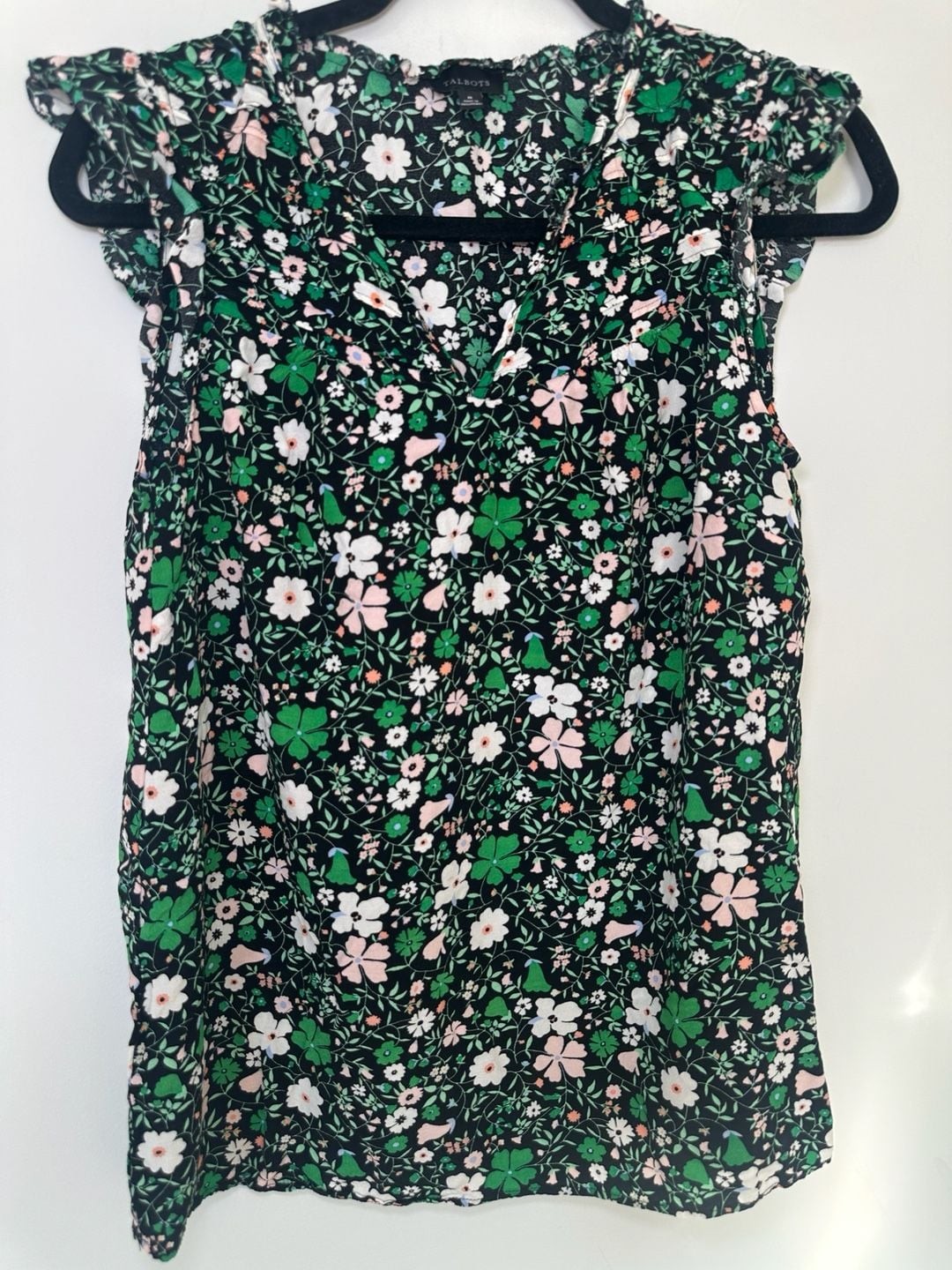 Talbots Sleeveless Floral Top Size M Black Green Pink V-Neck Ruffle Viscose