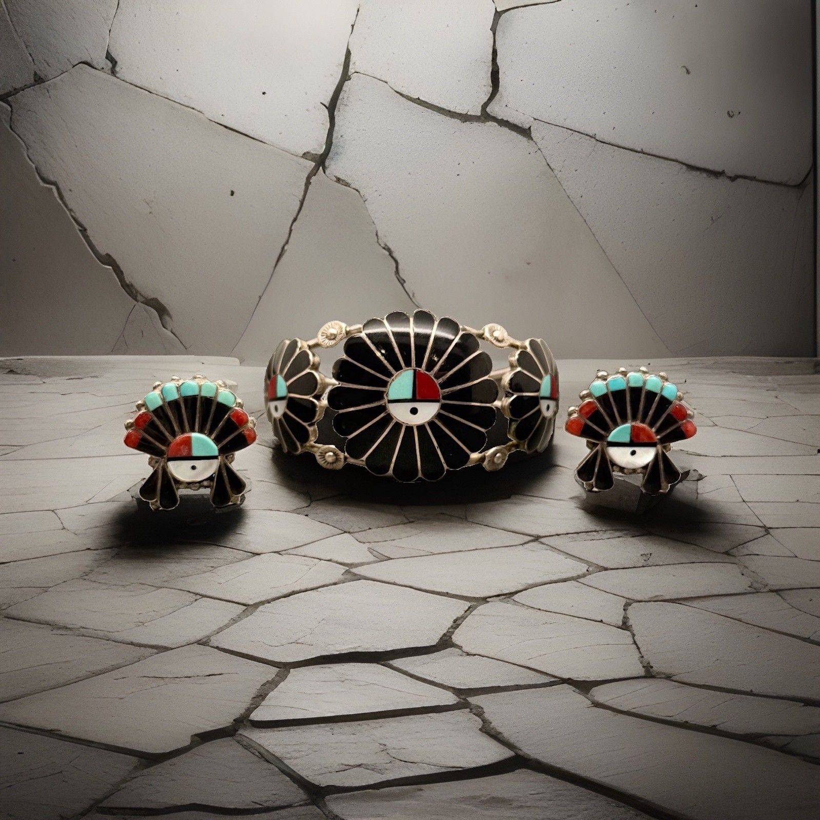 L/L DICKINSON LARRY SUN FACE NATIVE/ZUNI STERLING 925 CUFF BRACELET & EARRINGS L/L DICKINSON LARRY SUN FACE NATIVE/ZUNI STERLING 925 CUFF BRACELET & EARRINGS