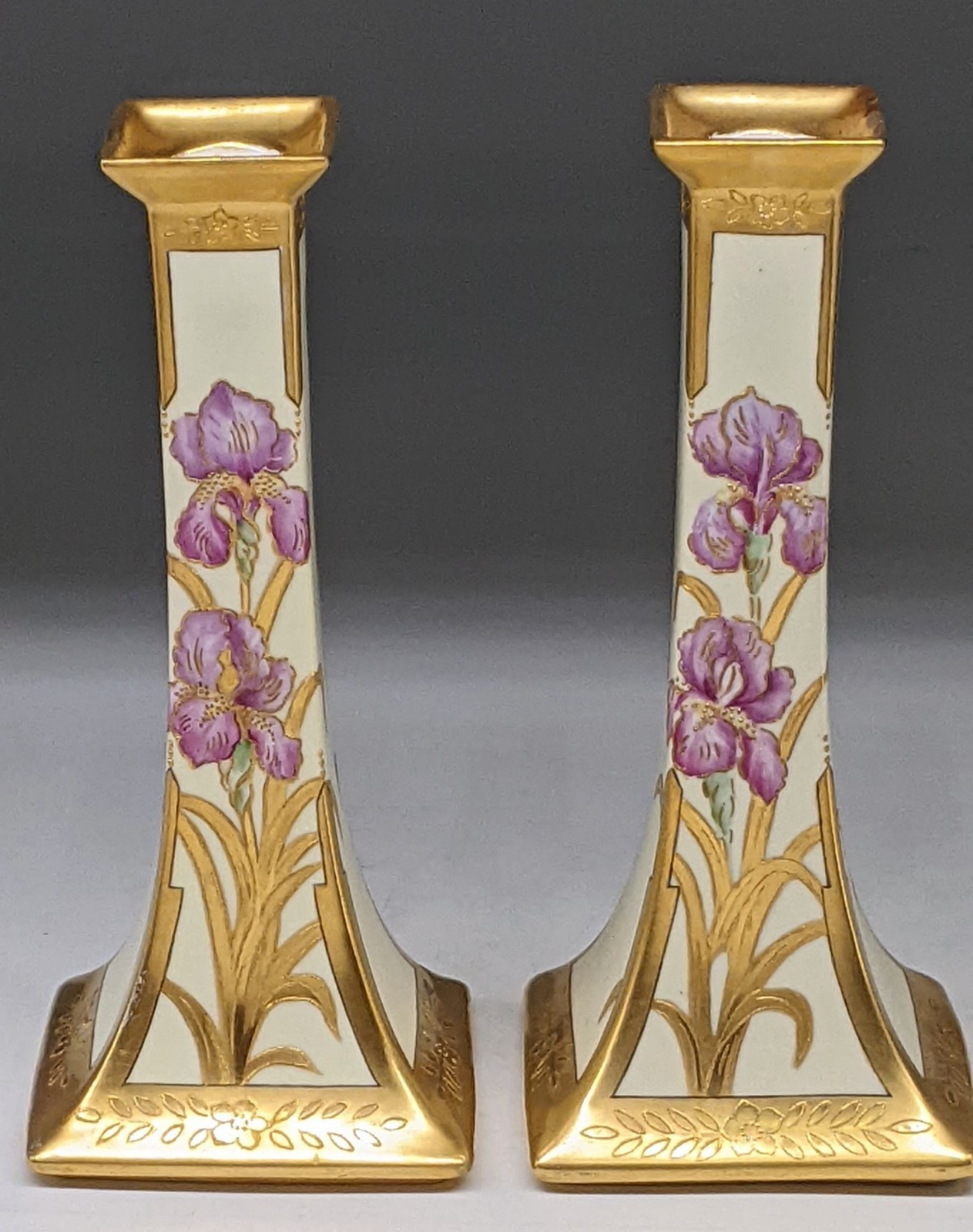 Antique Limoges Bernardaud B&Co Art Nouveaux Candlesticks Irises and raised Gold