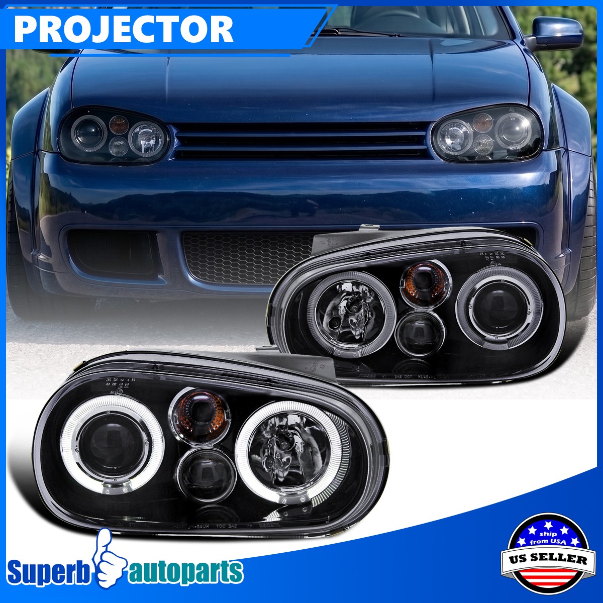 Fit 1999-2006 Volkswagen VW Golf GTI Halo Projector Headlight Glossy Black Smoke