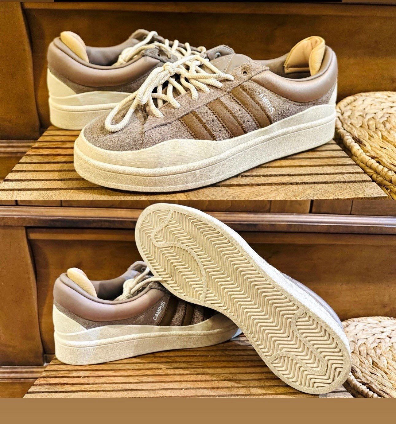 Adidas Campus Bad Bunny Suede Low Top Lace-Up Sneakers Beige Brown White
