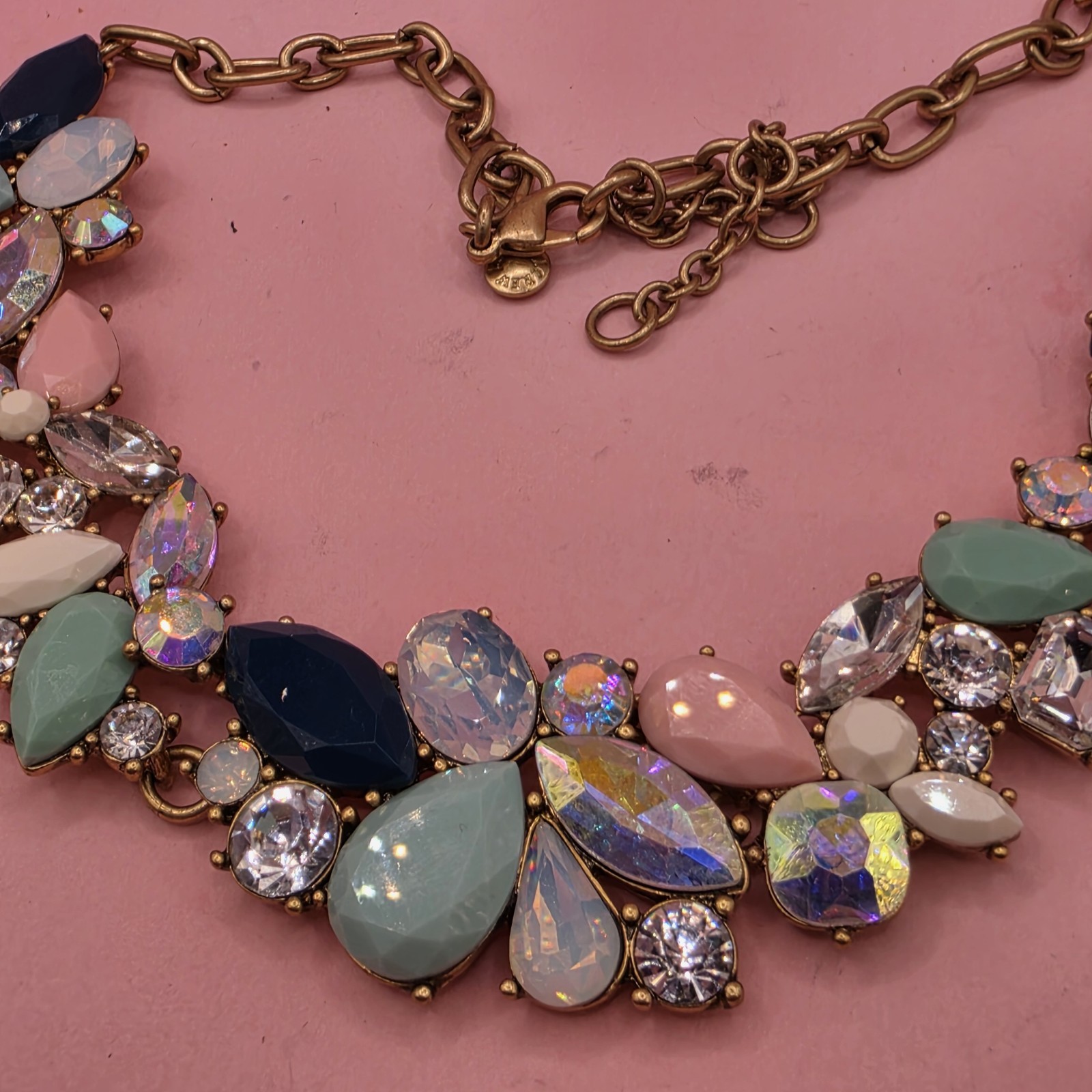 J Crew Vtg Necklace Multi Color Stones Blue Green Iridescent Crystal Statement