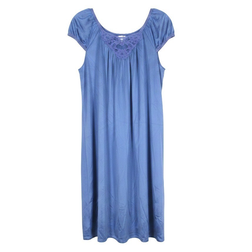 Vtg LORRAINE Thin SILKY Nylon Blue Floral Lace Collar Lounge NIGHTGOWN Sz S