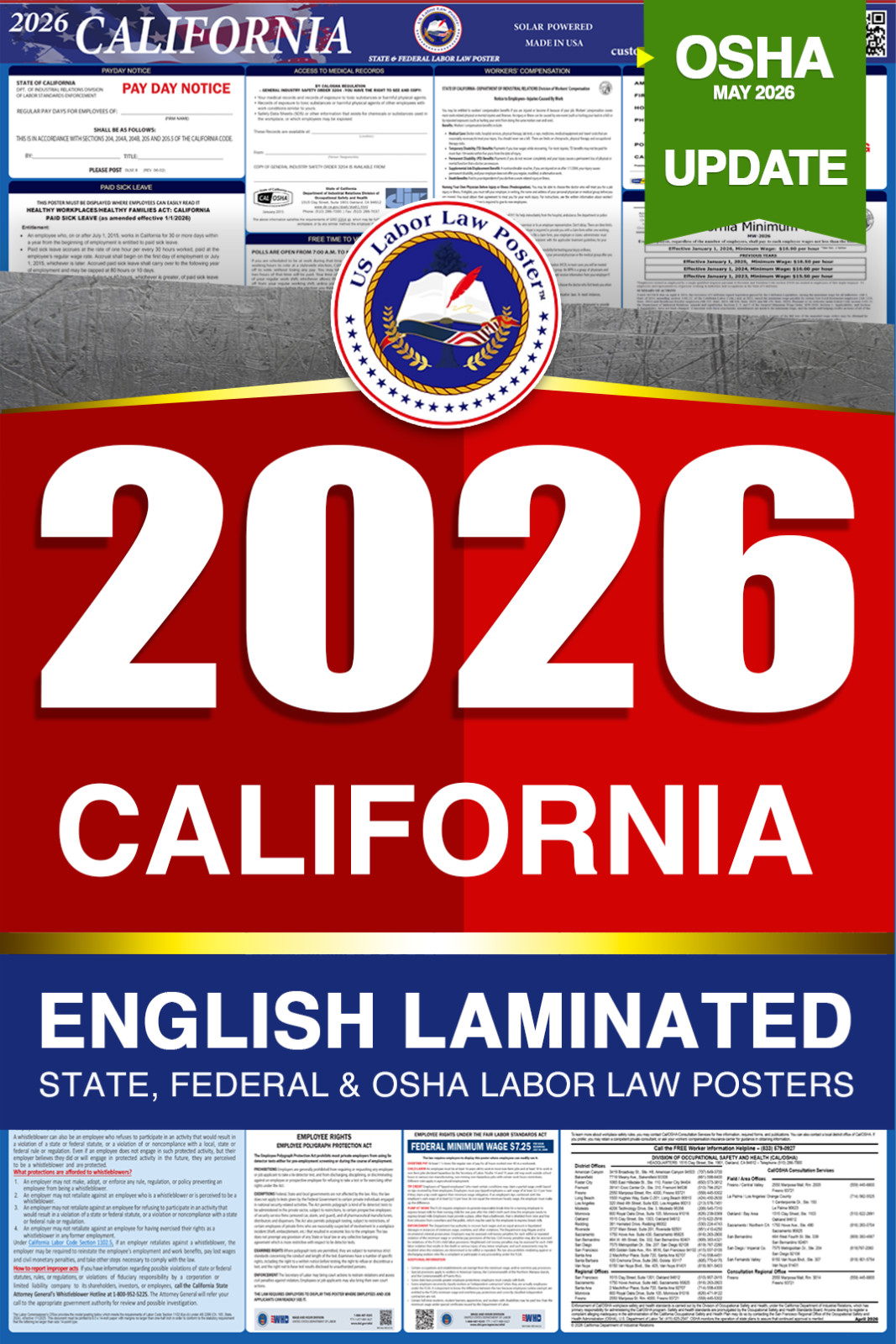 2026 California CA LABOR LAW POSTER (Federal & State) English Laminated