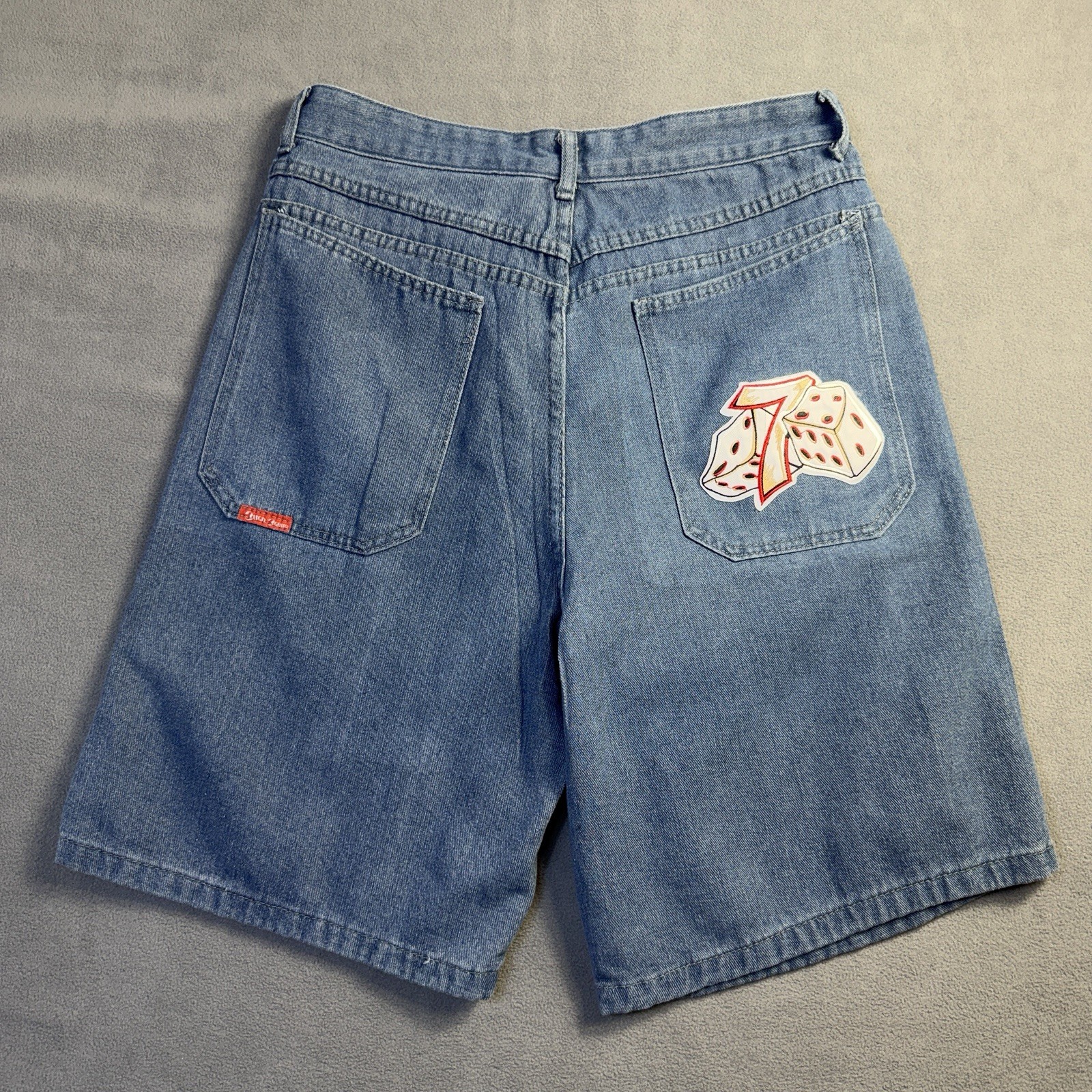 Faux JNCO Jeans Shorts Men\'s Large Blue Denim Skater Y2K Embroidered Dice 7