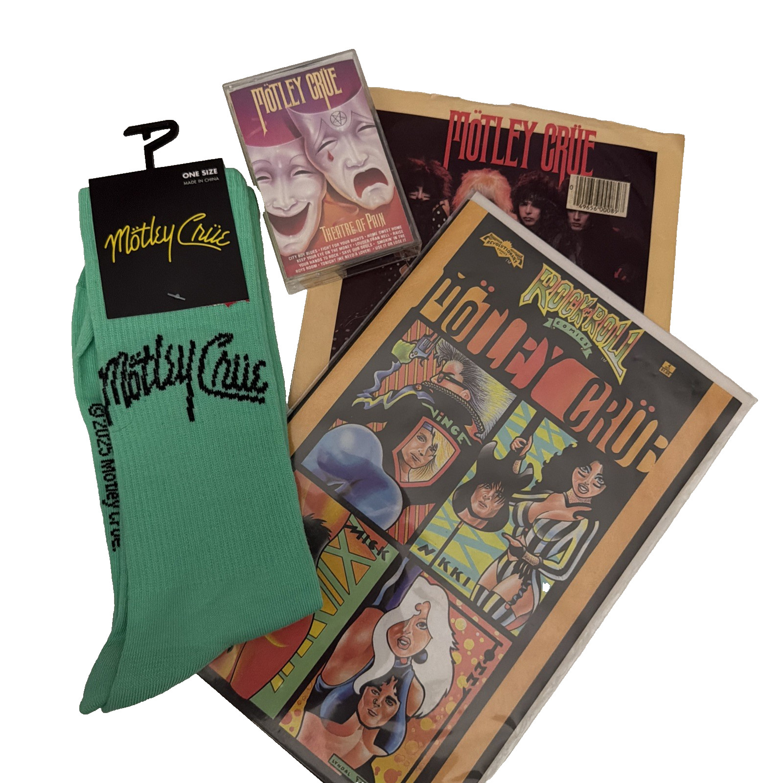 Vintage Motley Crue Memorabilia Lot Comic Book Cassette 45 Record Tour Socks VTG