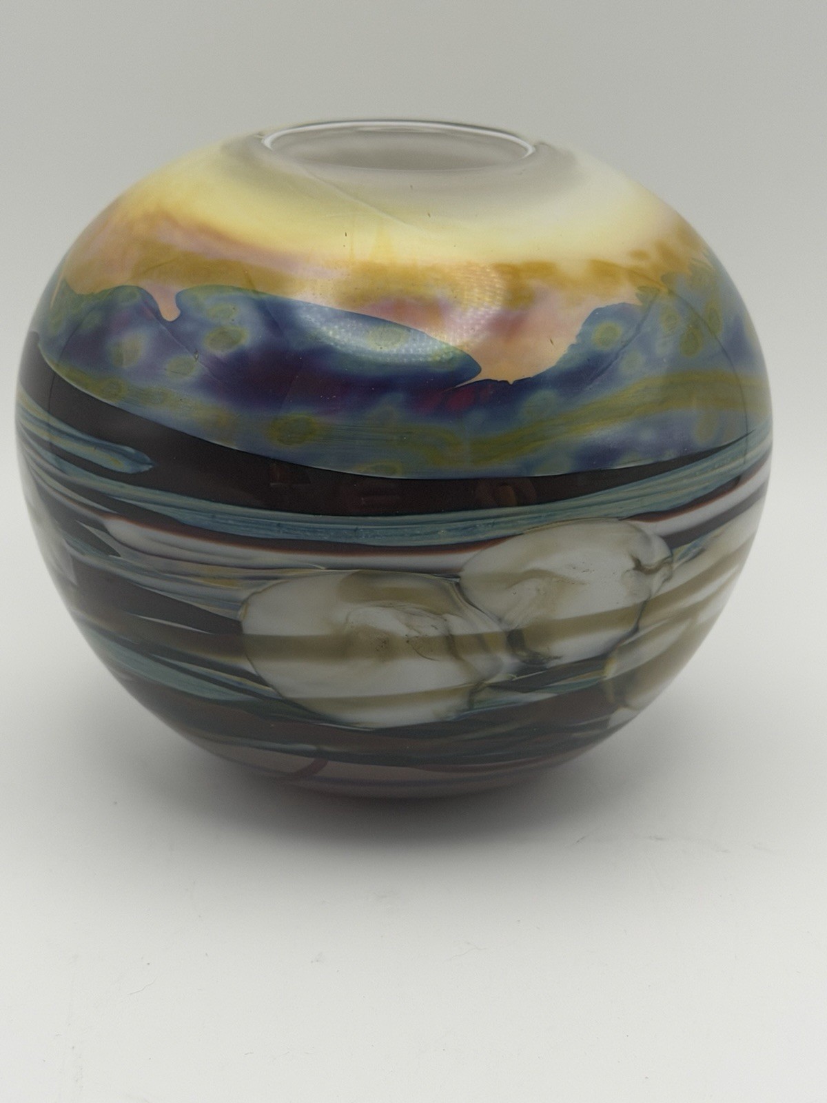 Rick Miller 1983 Signed Studio Art Glass Landscape Orb Vase Terrestrial World 5”