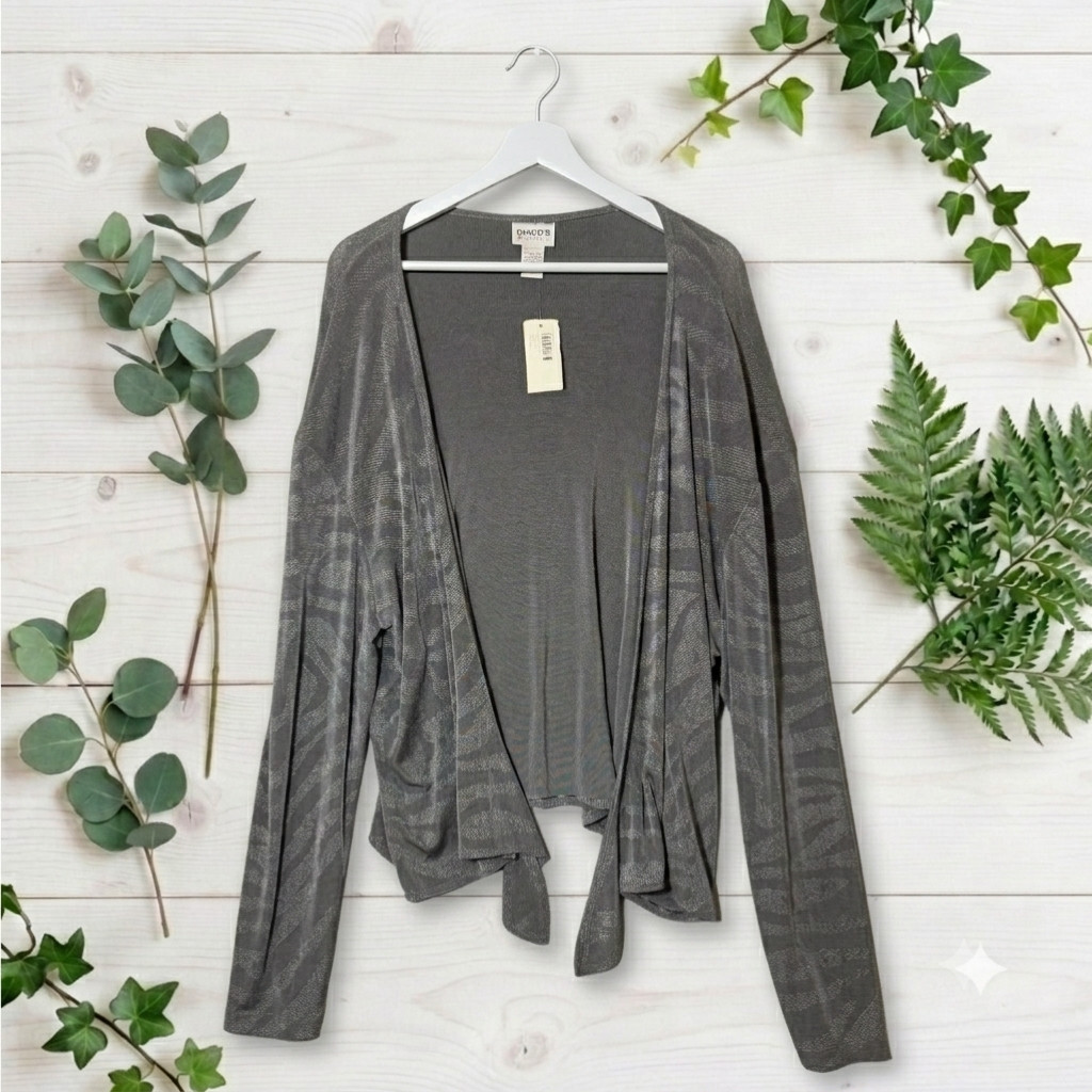 NWT Chicos Travelers Open Cardigan XL Women Sz 3 Shadow Silver Slinky Acetate
