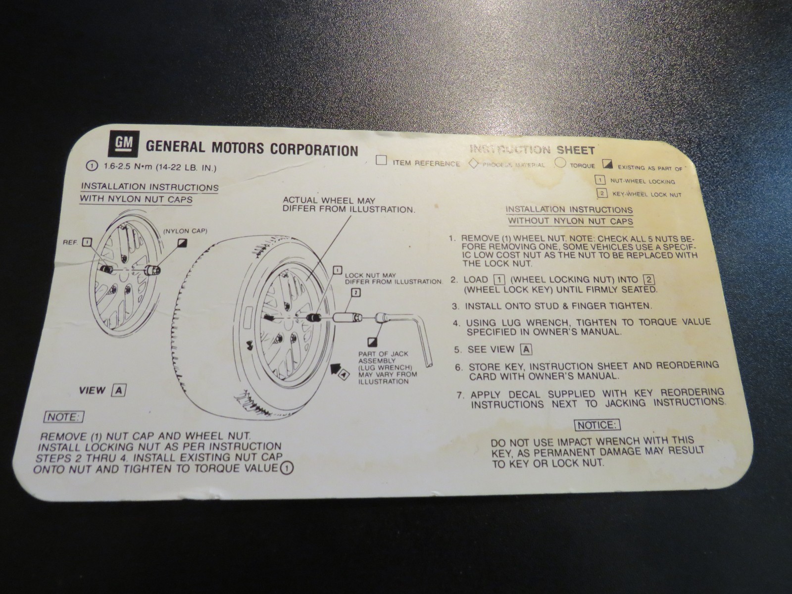 82-83-84 Pontiac Firebird Trans Am Tire Lug Nut Installation Instruction Card