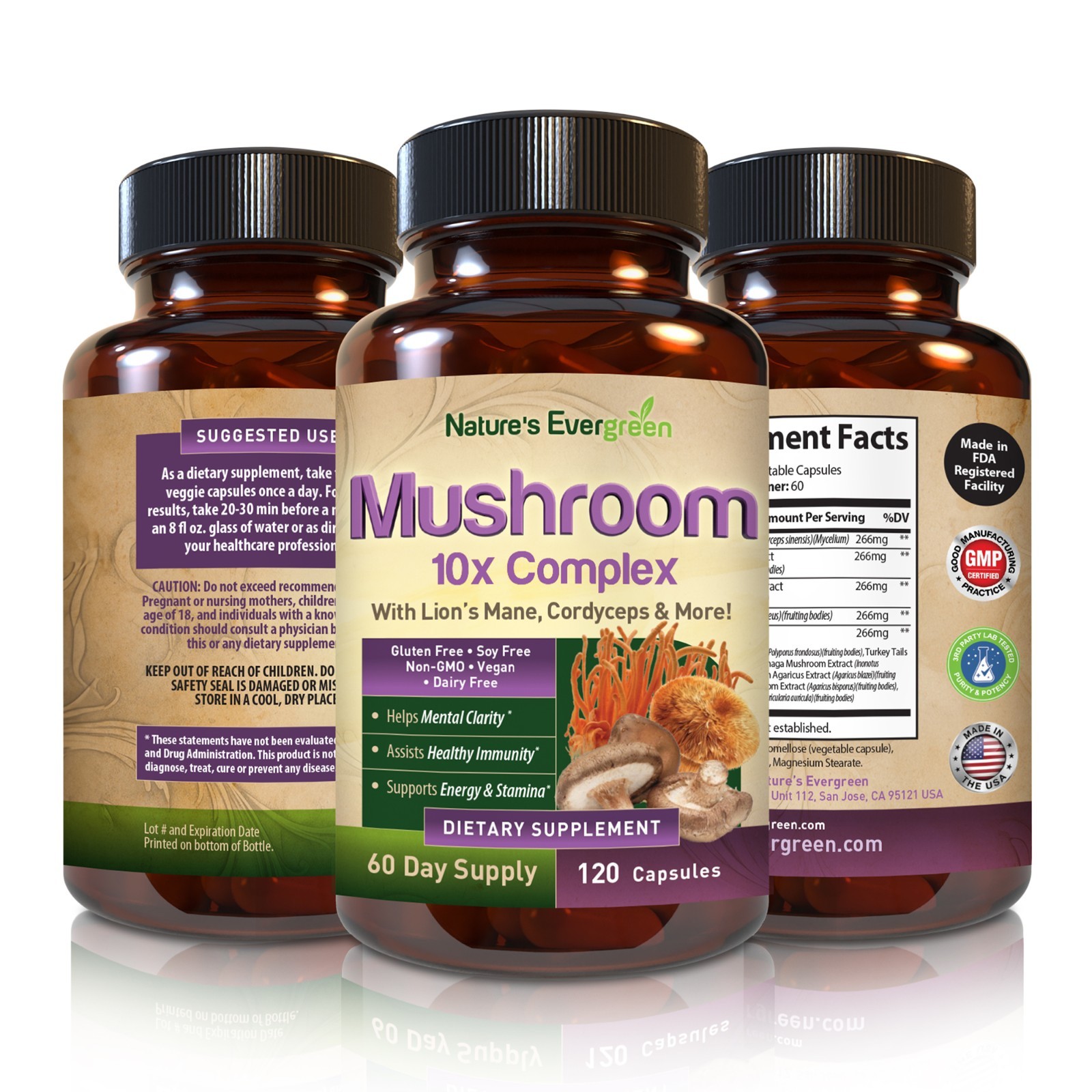 10x Mushroom Complex Supplement, Lions Mane, Reishi, Shiitake, 60 Day - 120ct