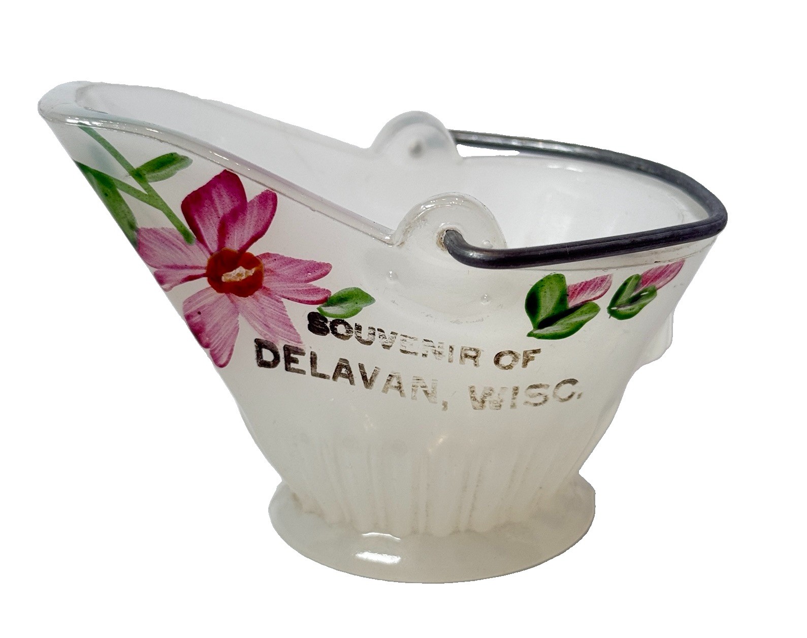 DELAVAN WI WISCONSIN Souvenir ANTIQUE Glass WHITE MILK TRINKET COAL BUCKET DELAVAN WI WISCONSIN Souvenir ANTIQUE Glass WHITE MILK TRINKET COAL BUCKET