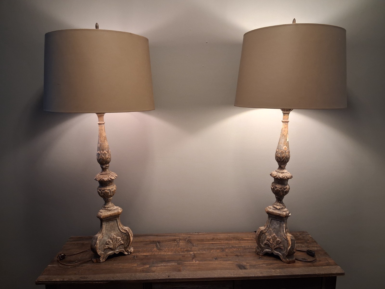 Italian antique candle stick lamp pair 18th 19th century. Shades are on for disp