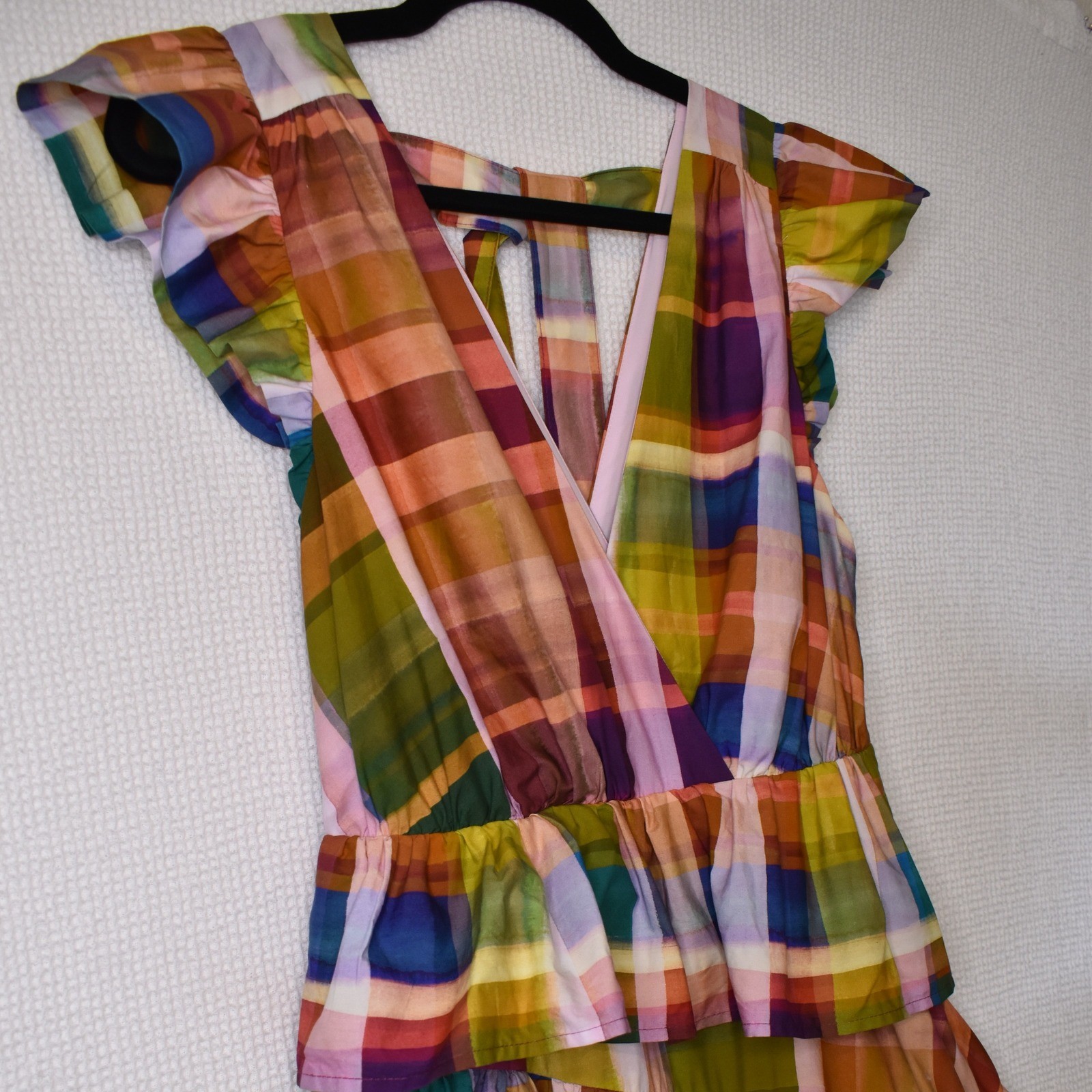 Marie Oliver Plaid Tiered Maxi Dress Multi Color Flutter Sleeve Size 2