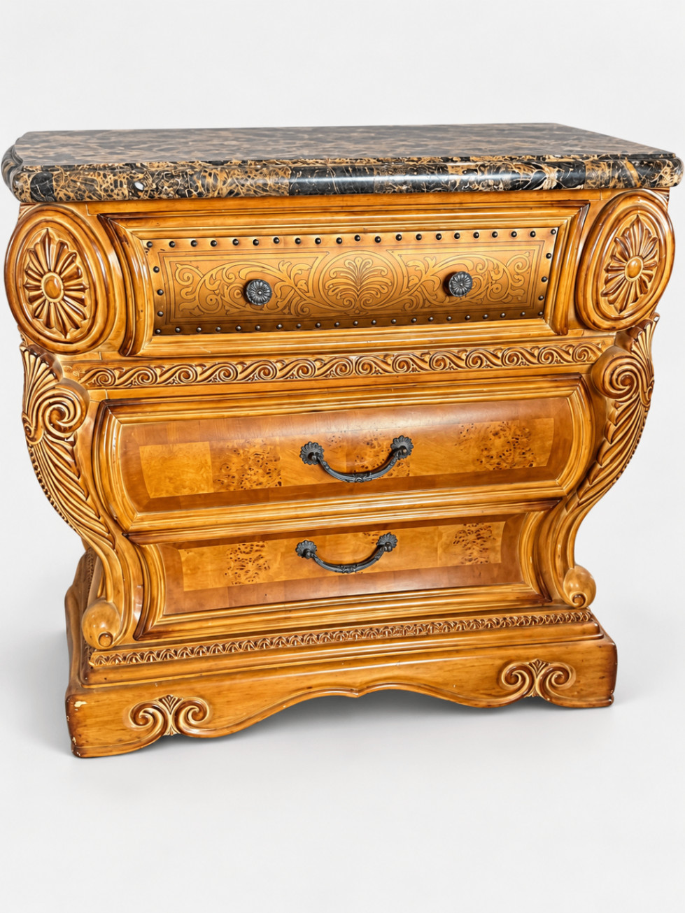 Michael Amini Ornate Carved Wood Marble Top Chest of Drawers 3-Drawer Baroque