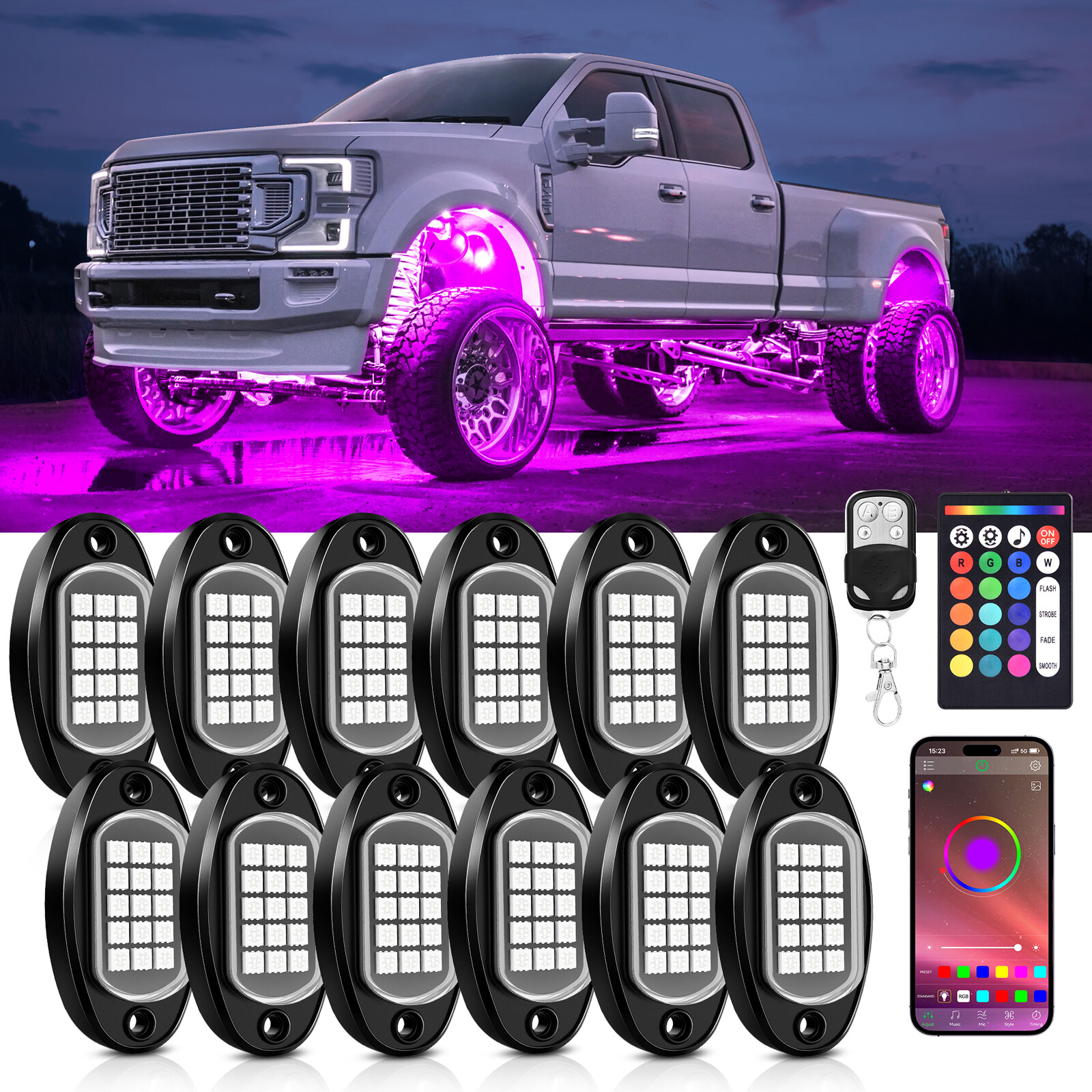12 Pods RGB LED Rock Lights Wireless Bluetooth Remote Underglow Neon Light Truck
