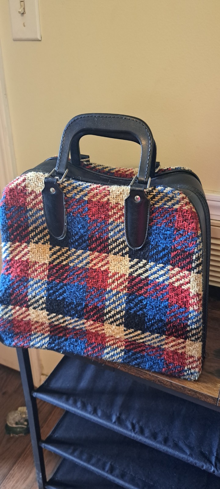 Vintage Bowling Bag, Funky Plaid Carpet Bag with Shiny Black Patent Pleather, Re