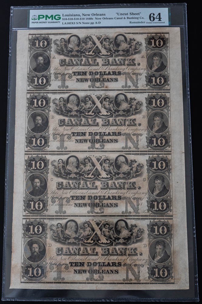 1840s $10 Uncut Sheet New Orleans Canal & Banking Co CH UNC64 PMG 950722-20