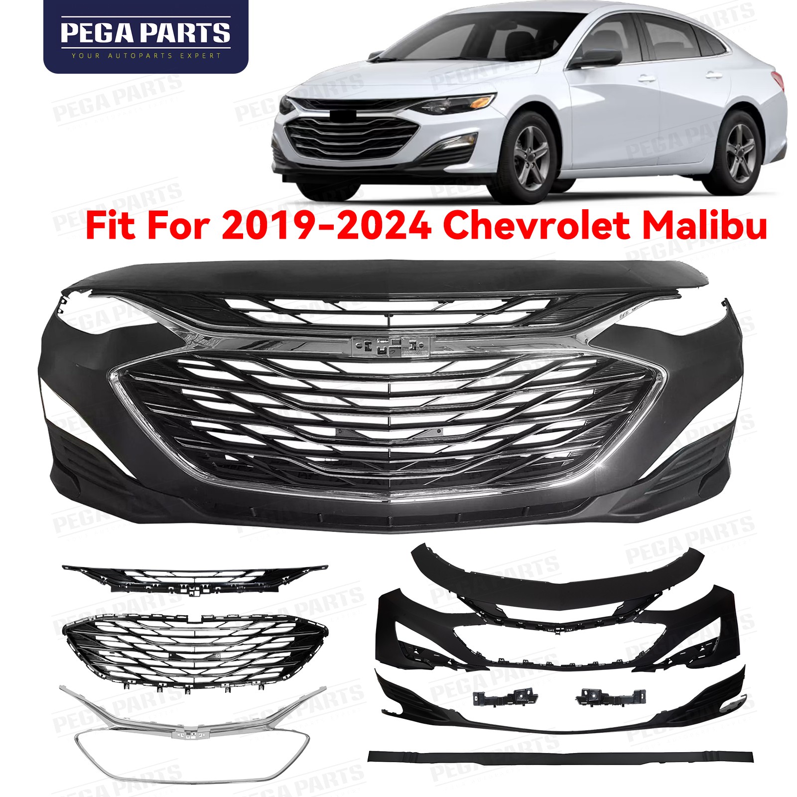 For Chevy Malibu 2019-2024 Front Upper Lower Bumper Cover Grille w/o Fog Light