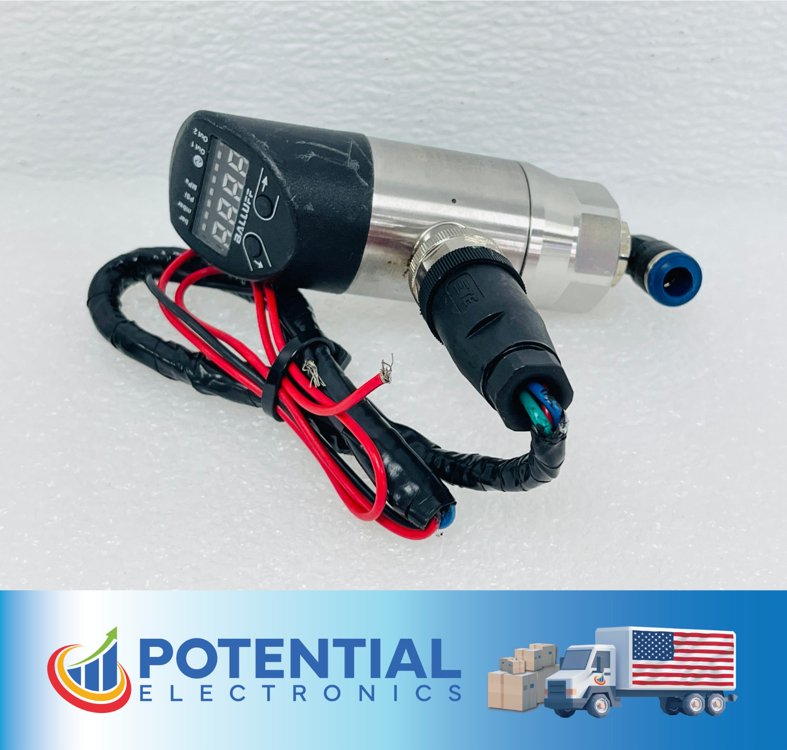 Balluff BSP00Y6 Pneumatic Pressure Sensor w/ Display, 0-20bar, 18-30VDC, 4-20mA