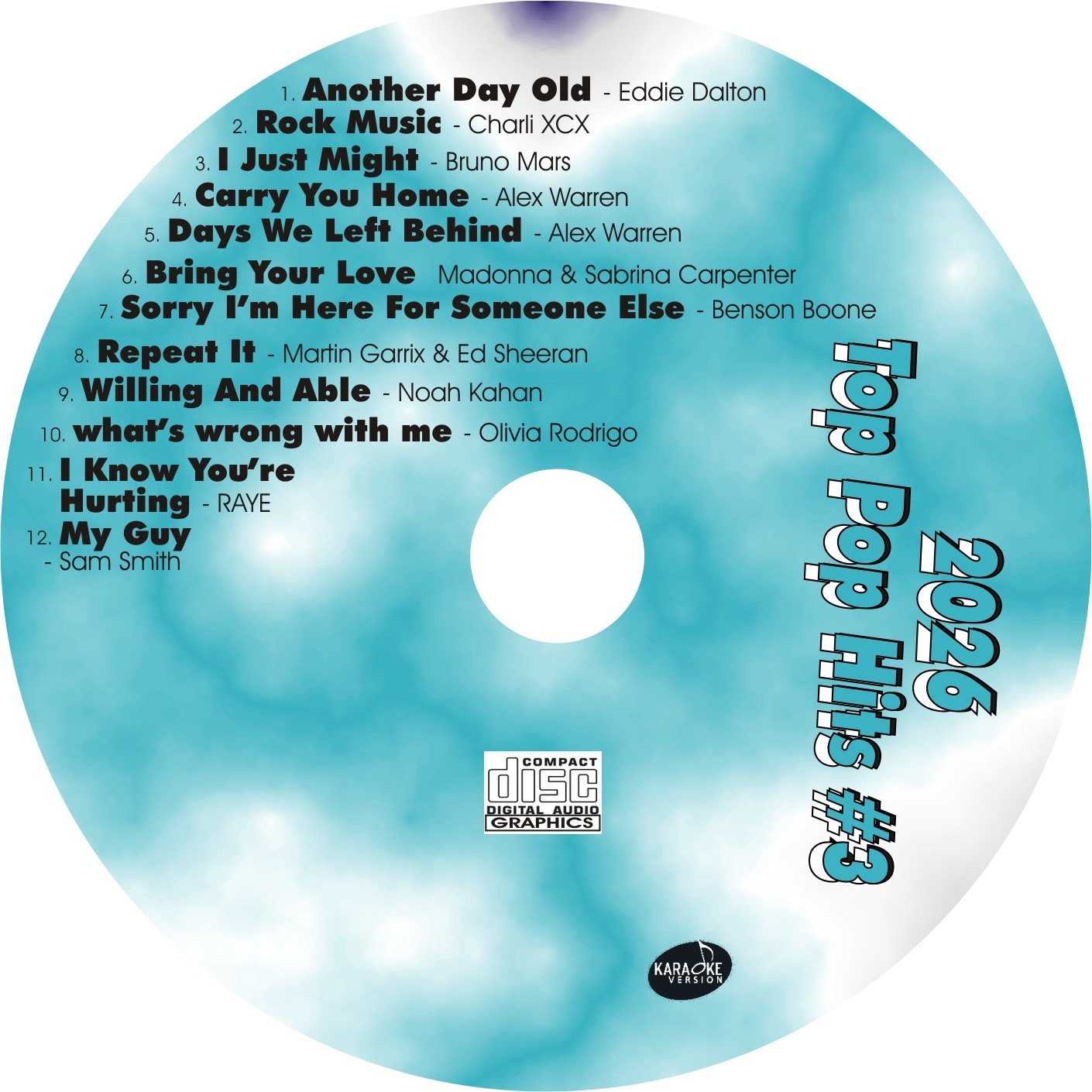 CUSTOM KARAOKE 2026 TOP POP v3 12 GREAT SONGS cdg CD+G NEW BRUNO SABRINA BENSON