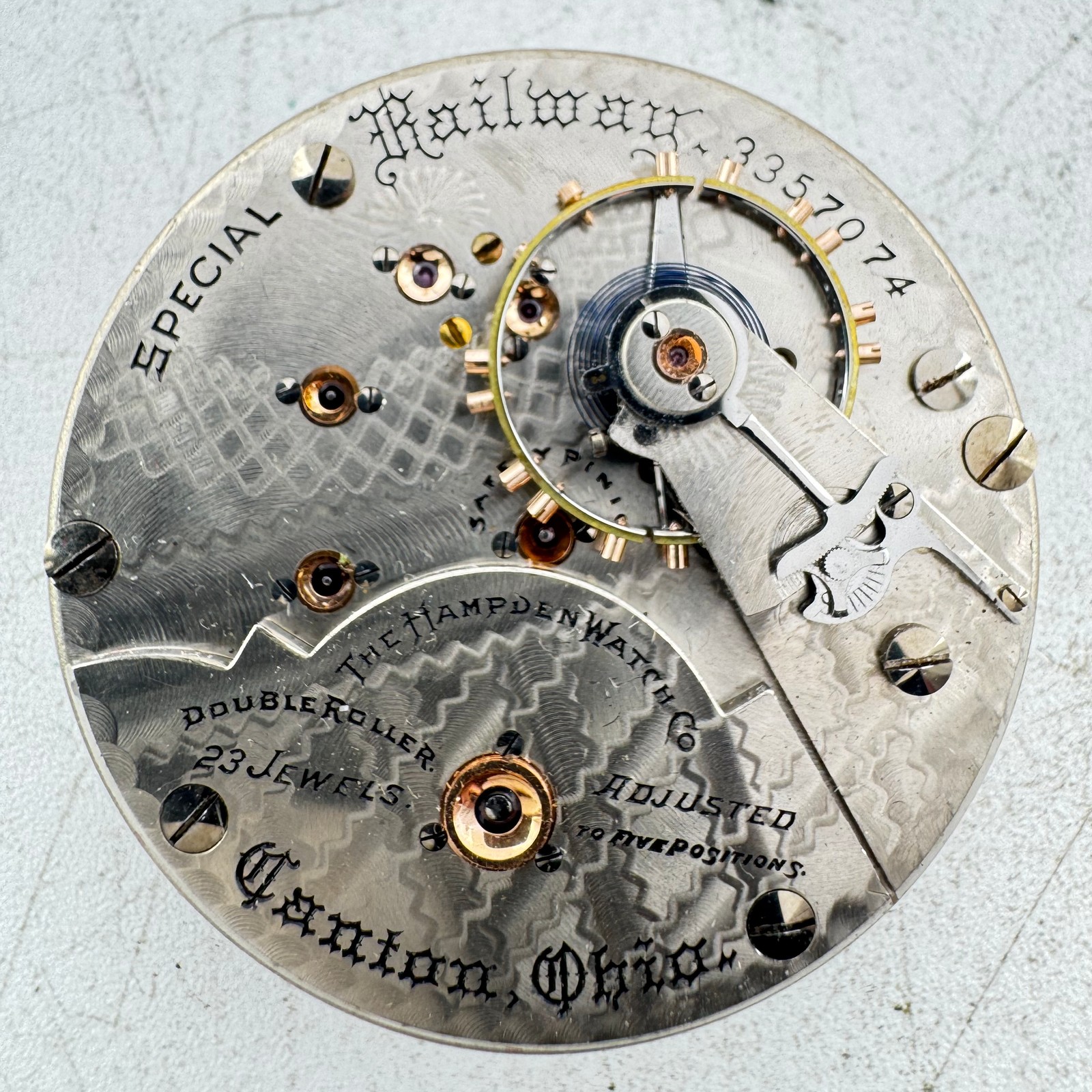 Antique 18s 1915 Hampden 23J Railroad Pocket Watch Movement Special Railway USA Antique 18s 1915 Hampden 23J Railroad Pocket Watch Movement Special Railway USA