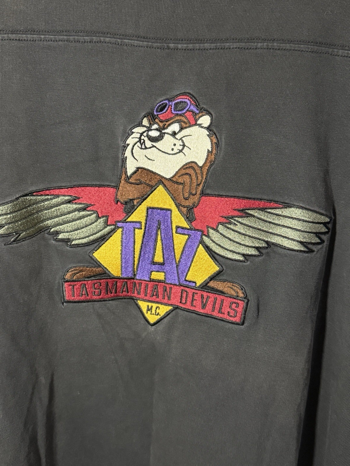 Vintage 90s Taz Tasmanian Devils MC Crewneck Sweatshirt Acme Clothing Co XL Grey