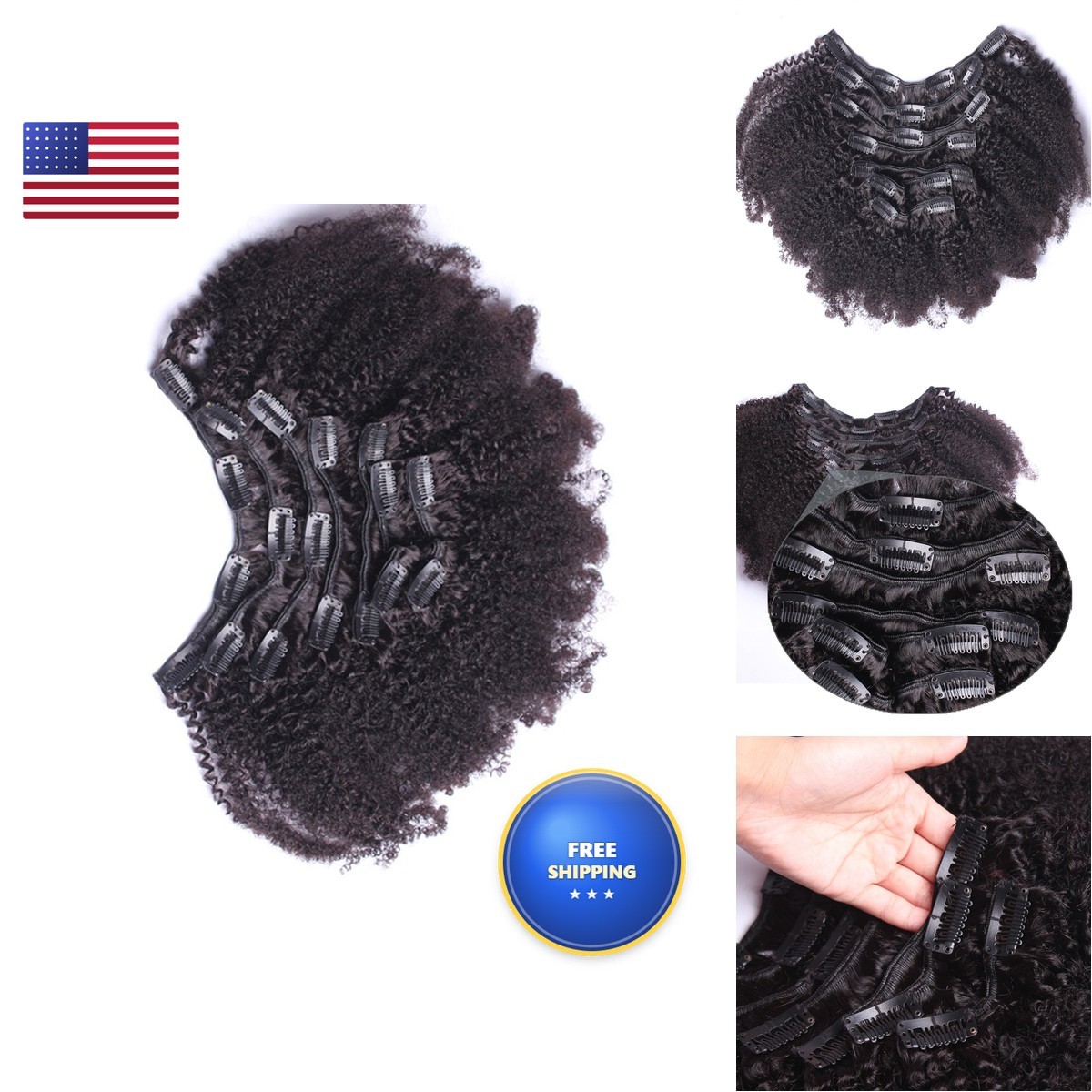 QDBeauty 7A 4B 4C Kinky Curly Clip In Human Hair Extensions 7Pc Natural