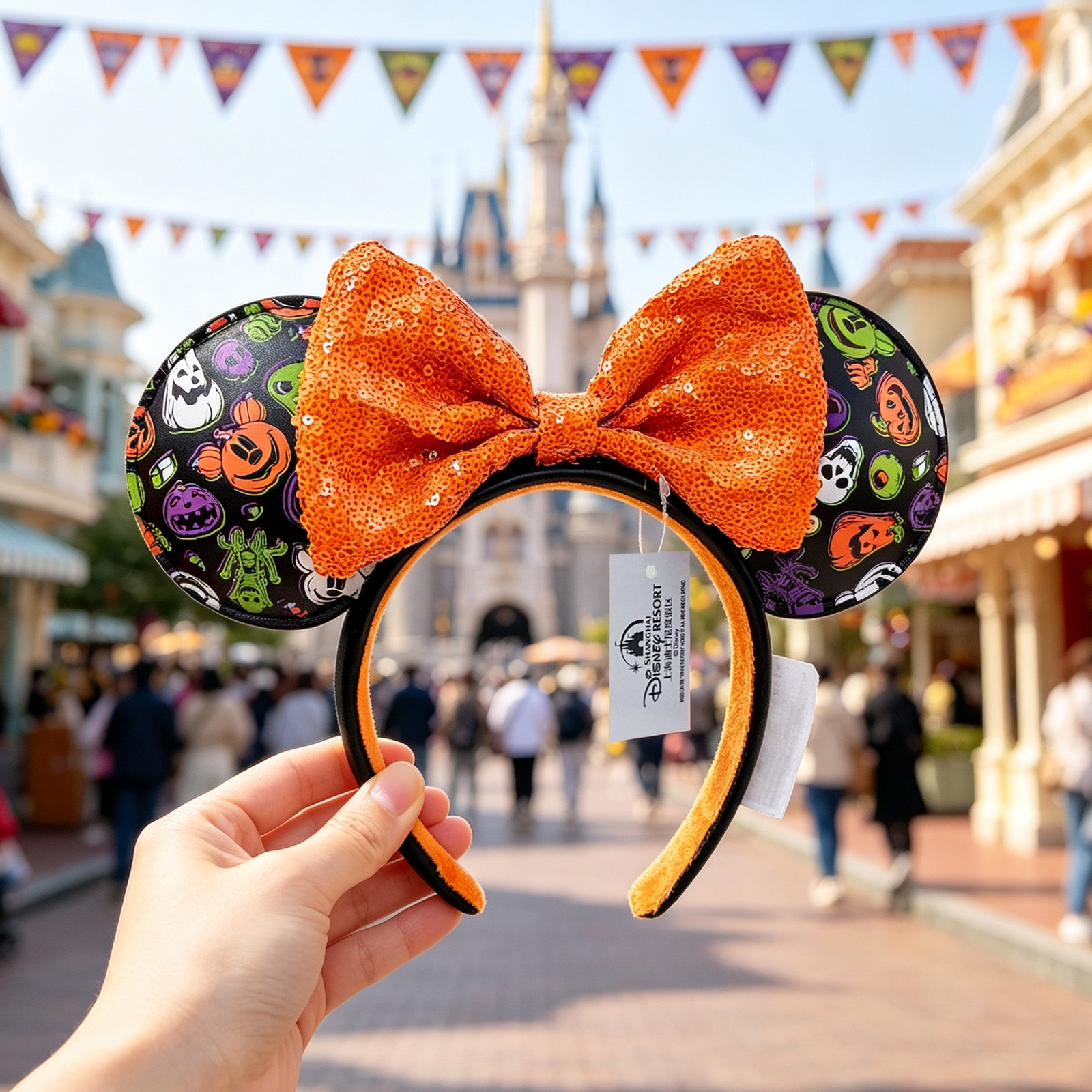 Disney-Parks 2025 Halloween Glow In The Dark Pumpkins Minnie Mouse Ears Headband