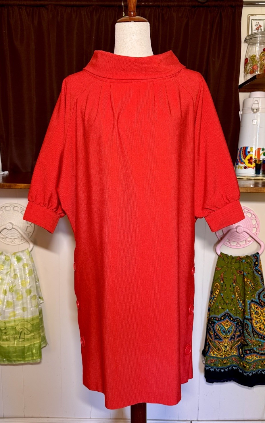 Vintage 60s Red Mod Shift Mini Dress L Dolman Sleeve Side Button Retro Go Go