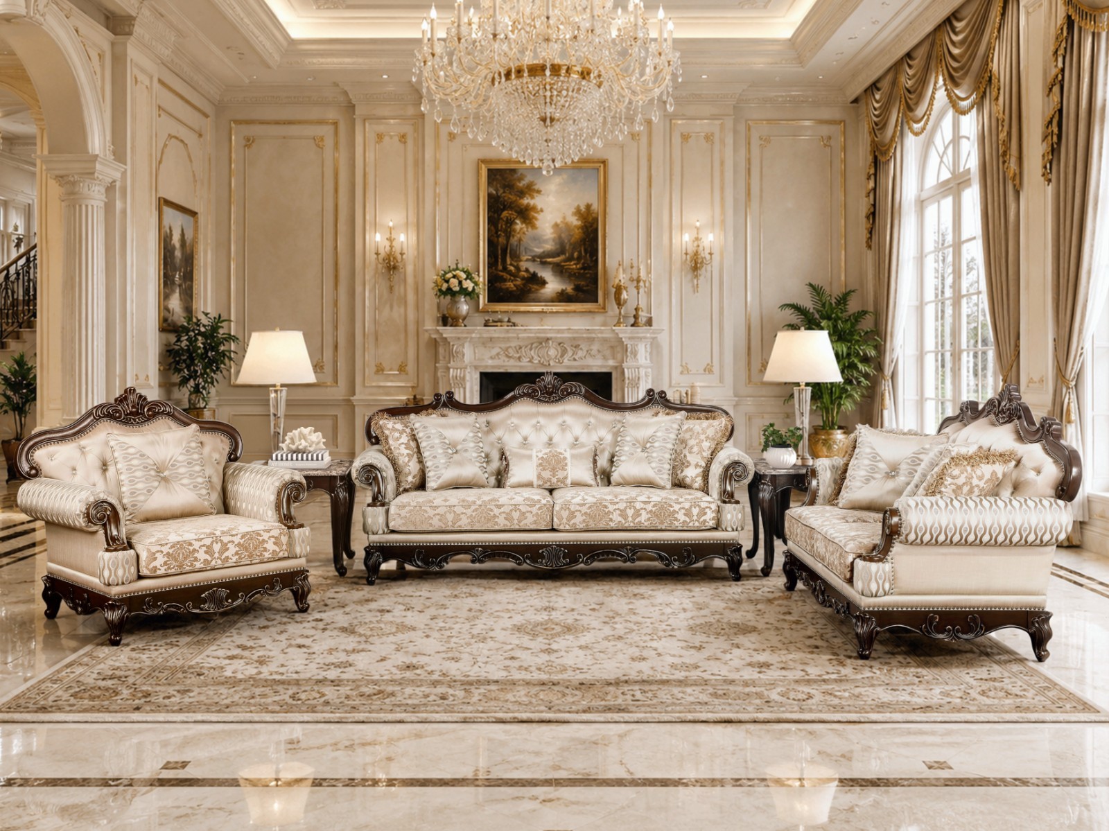 LUXURY 3PC Sofa Loveseat Chair Cherry Wood Cream Fabric European Living Room Set