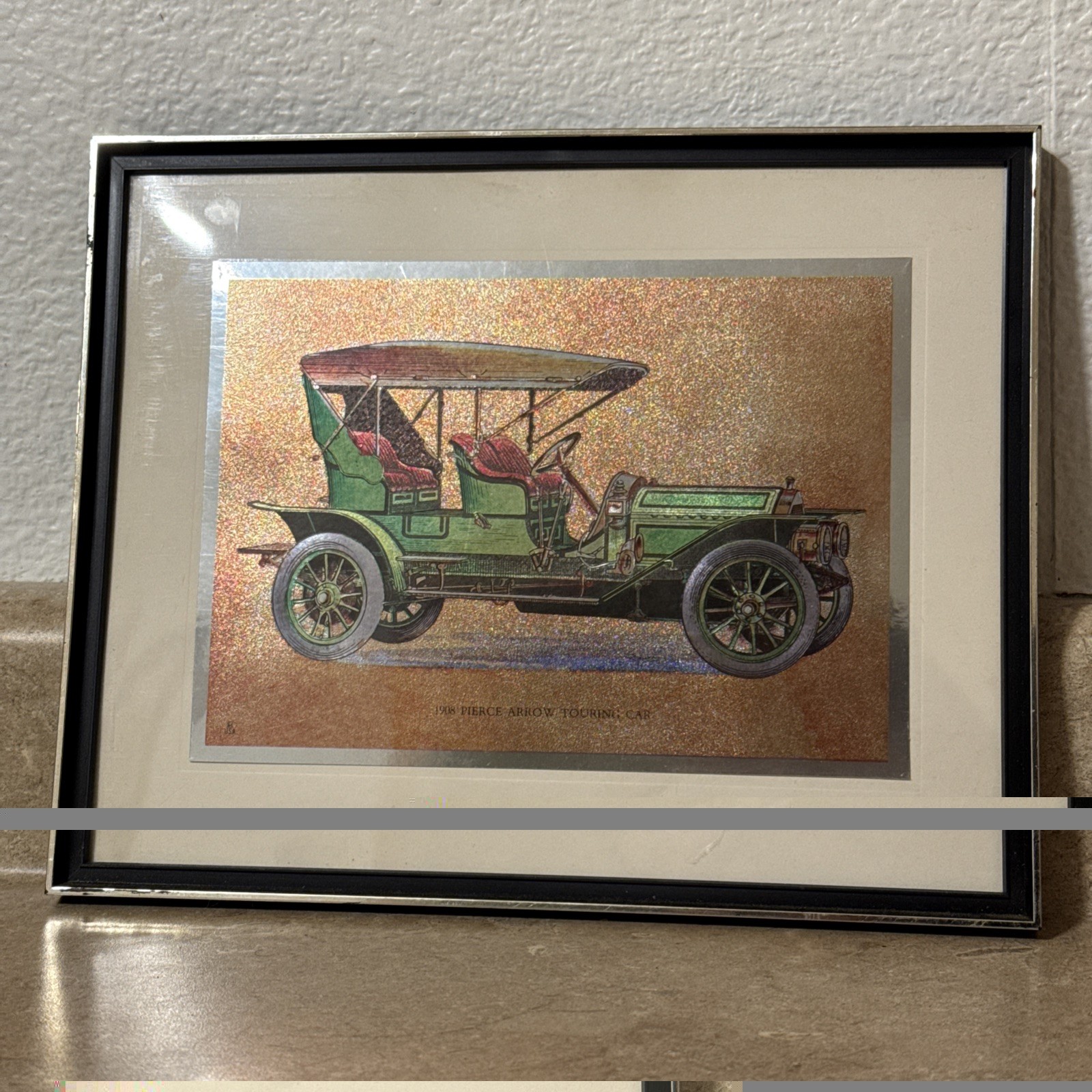 Vintage 1908 Pierce Arrow Touring Car Foil Lithograph Print Framed Matted