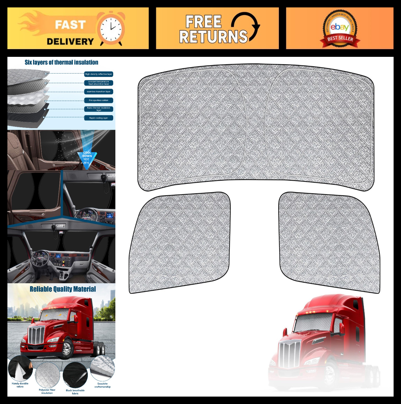 Custom Fit 6-Layer Semi Truck Window Shades for Peterbilt 579 (2022-2025) - 3 Se
