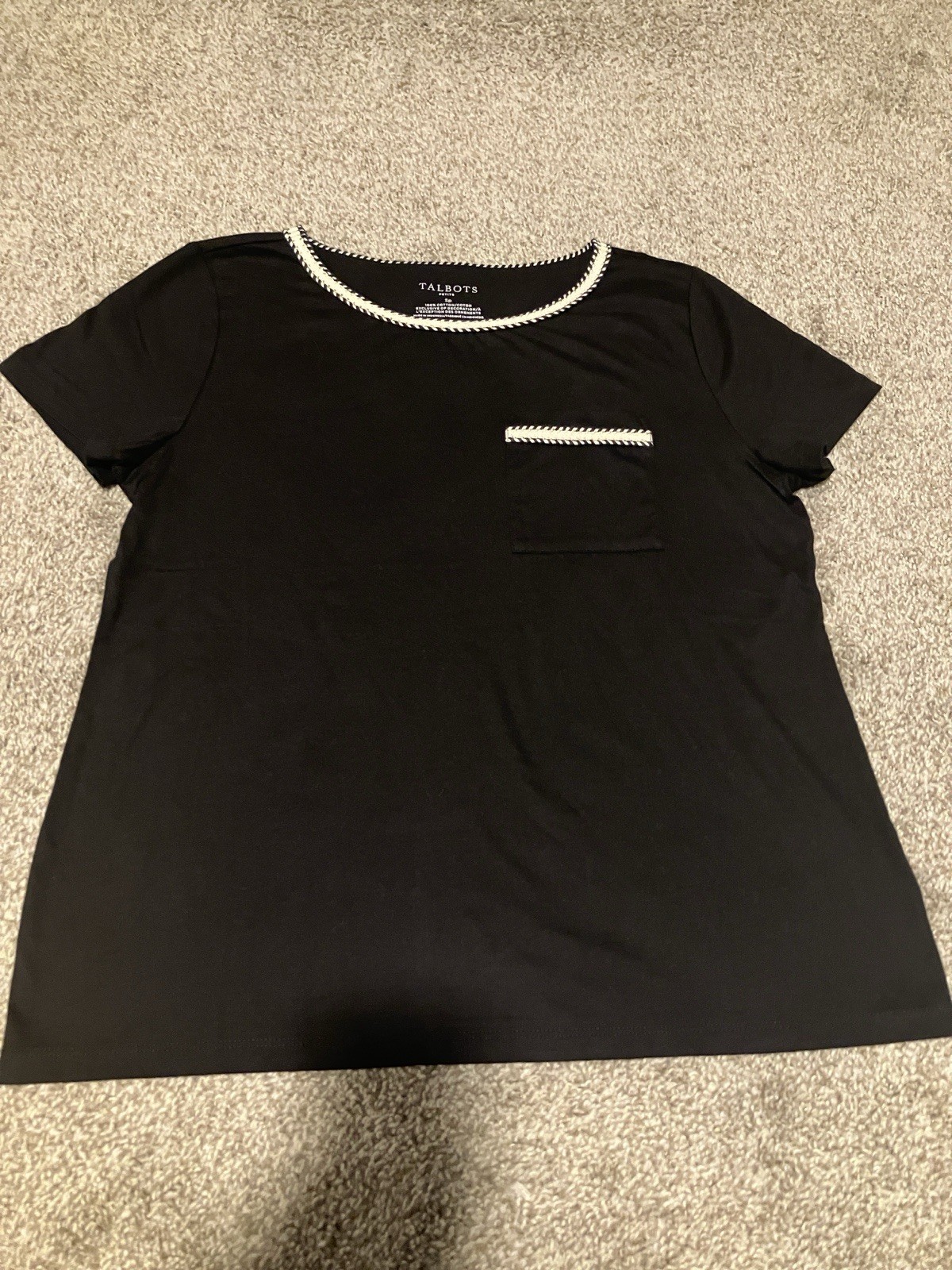 NWOT TALBOTS TWEED TRIM TSHIRT POCKET CREWNECK BLACK COTTON TEE SIZE S/P NWOT TALBOTS TWEED TRIM TSHIRT POCKET CREWNECK BLACK COTTON TEE SIZE S/P