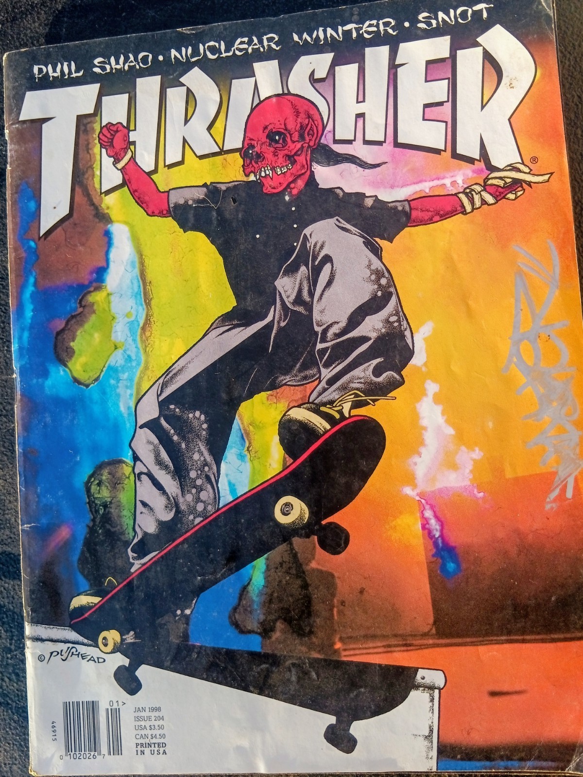 Thrasher Skateboard Magazine Issue #204 January 1998 Pushead Cover Thrasher Skateboard Magazine Issue #204 January 1998 Pushead Cover
