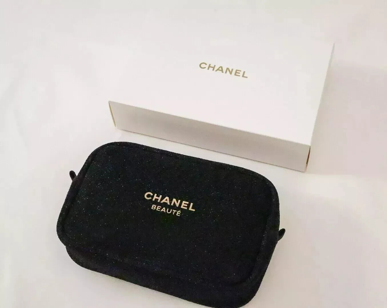 CHANEL Beaute Cosmetic Makeup Bag Pouch Clutch Sparkling BLACK GOLD w/ Gift Box
