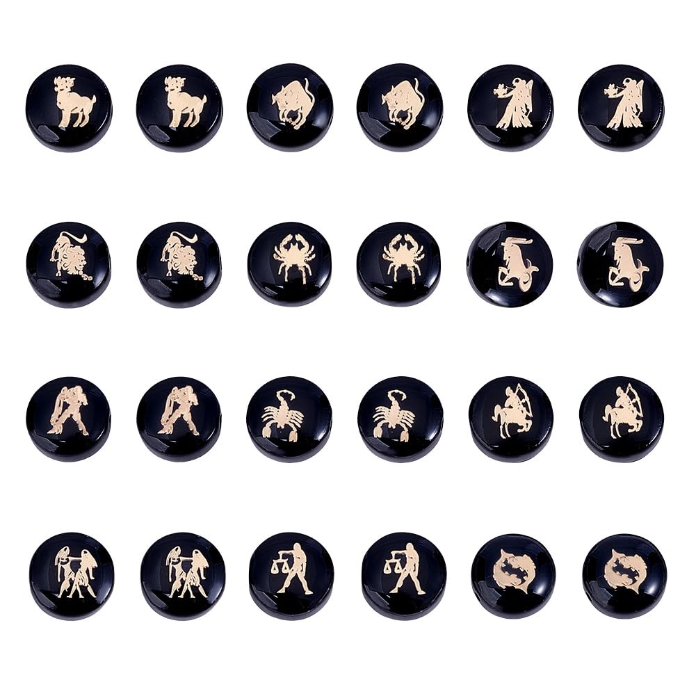 24Pcs 12 Constellations Beads Double Side Flat Round Zodiac Beads Black Constell