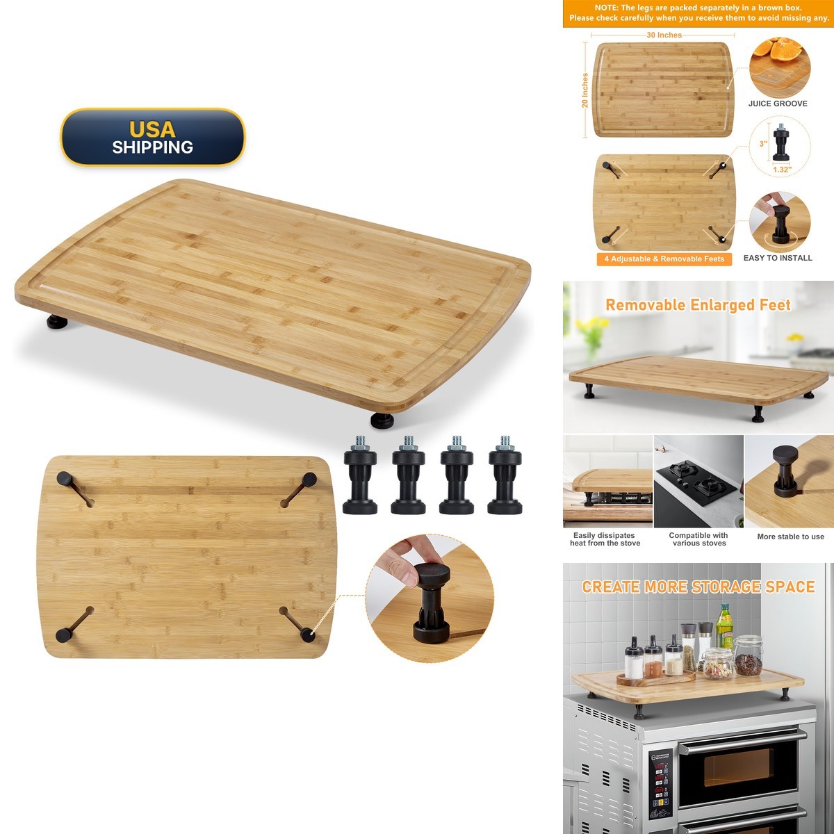 GarveeHome Bamboo Stovetop Cover Cutting Board XXX Large with Legs Juice