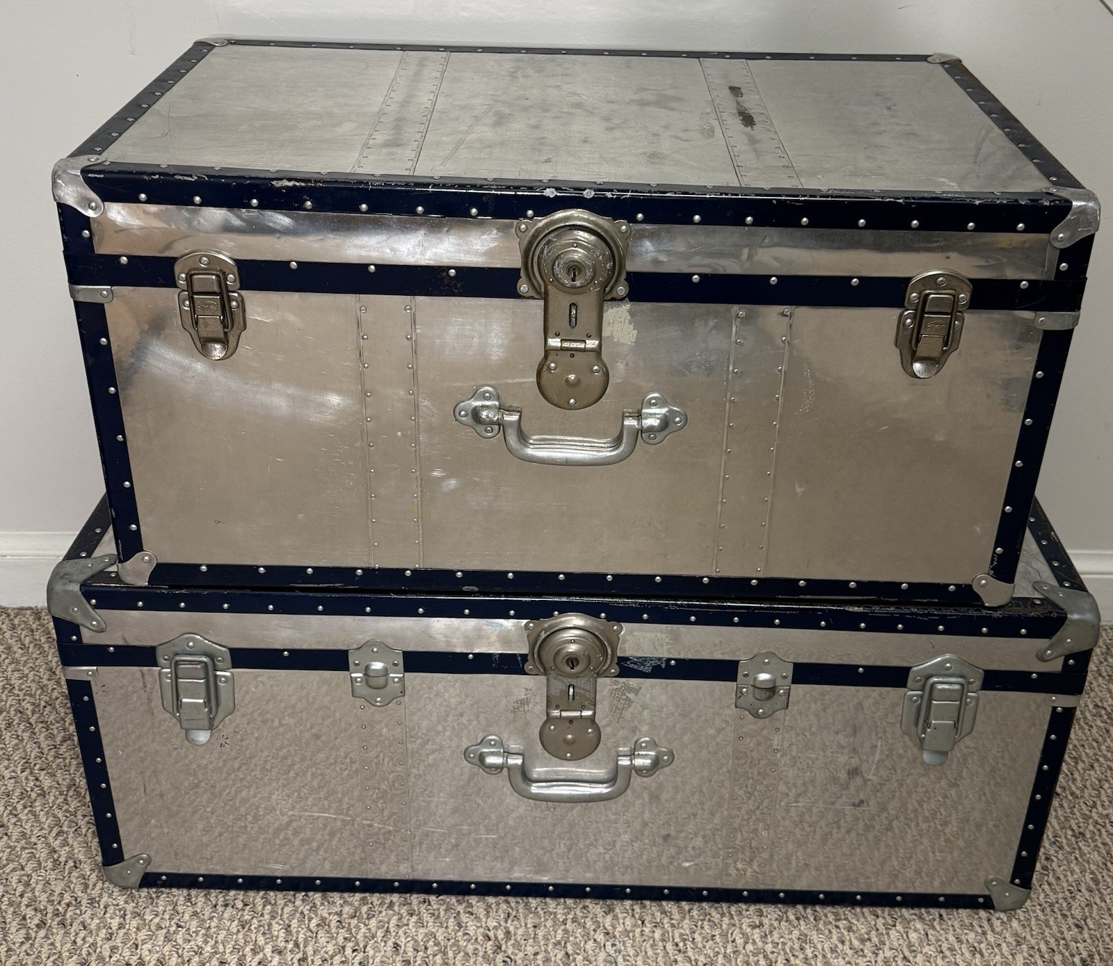 Vintage Riveted Aluminum Industrial Trunks Matched Pair 30” 36” w/ Trays