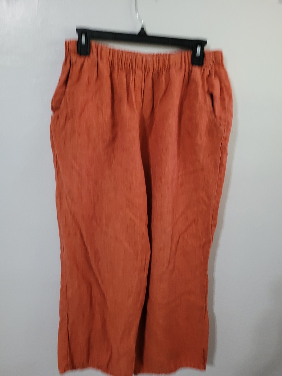 FLAX Women’s Orange 100% Linen Pants Elastic Waist Pockets  Size M Wide Leg Fall