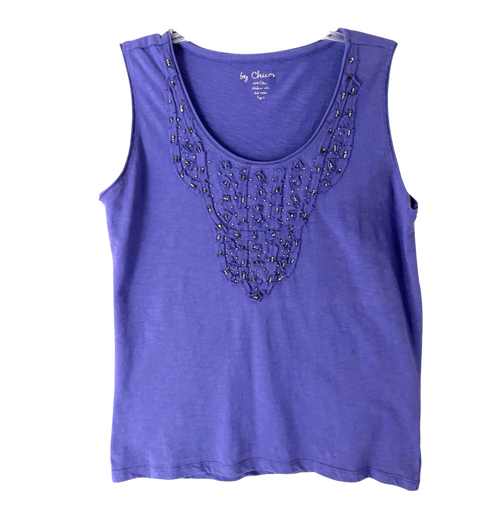 NWT Chico\'s Cotton Knit Tank Top PURPLE w/GUNMETAL BEADED Cut-Piece Trim SZ 2